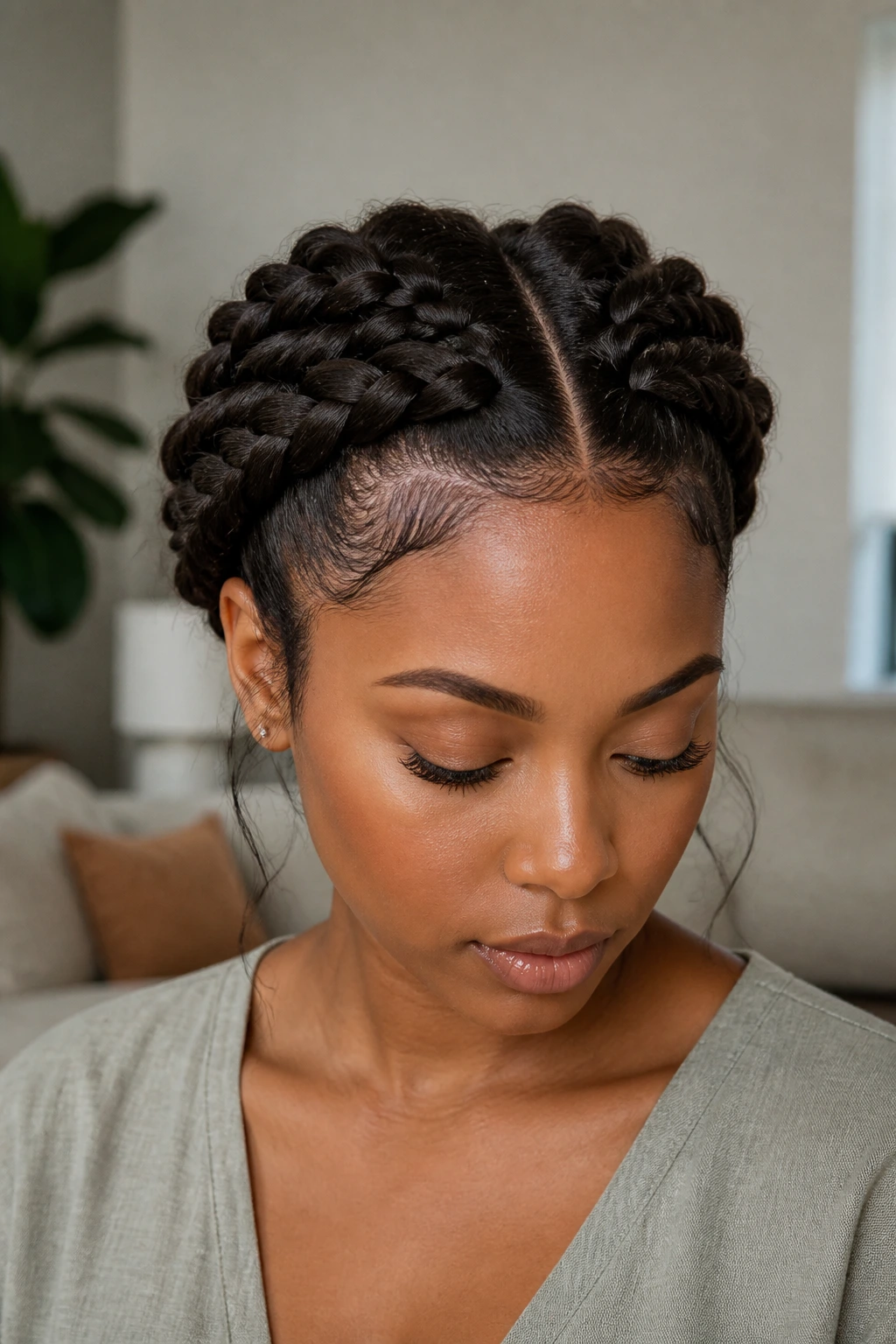 Real woman with two crown braids framing the head.