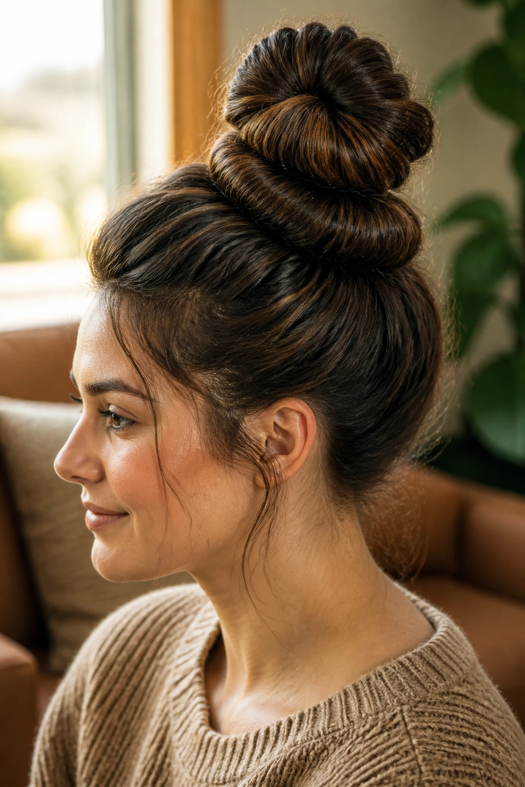 Head-and-shoulders portrait of a real person with a double-decker bun.