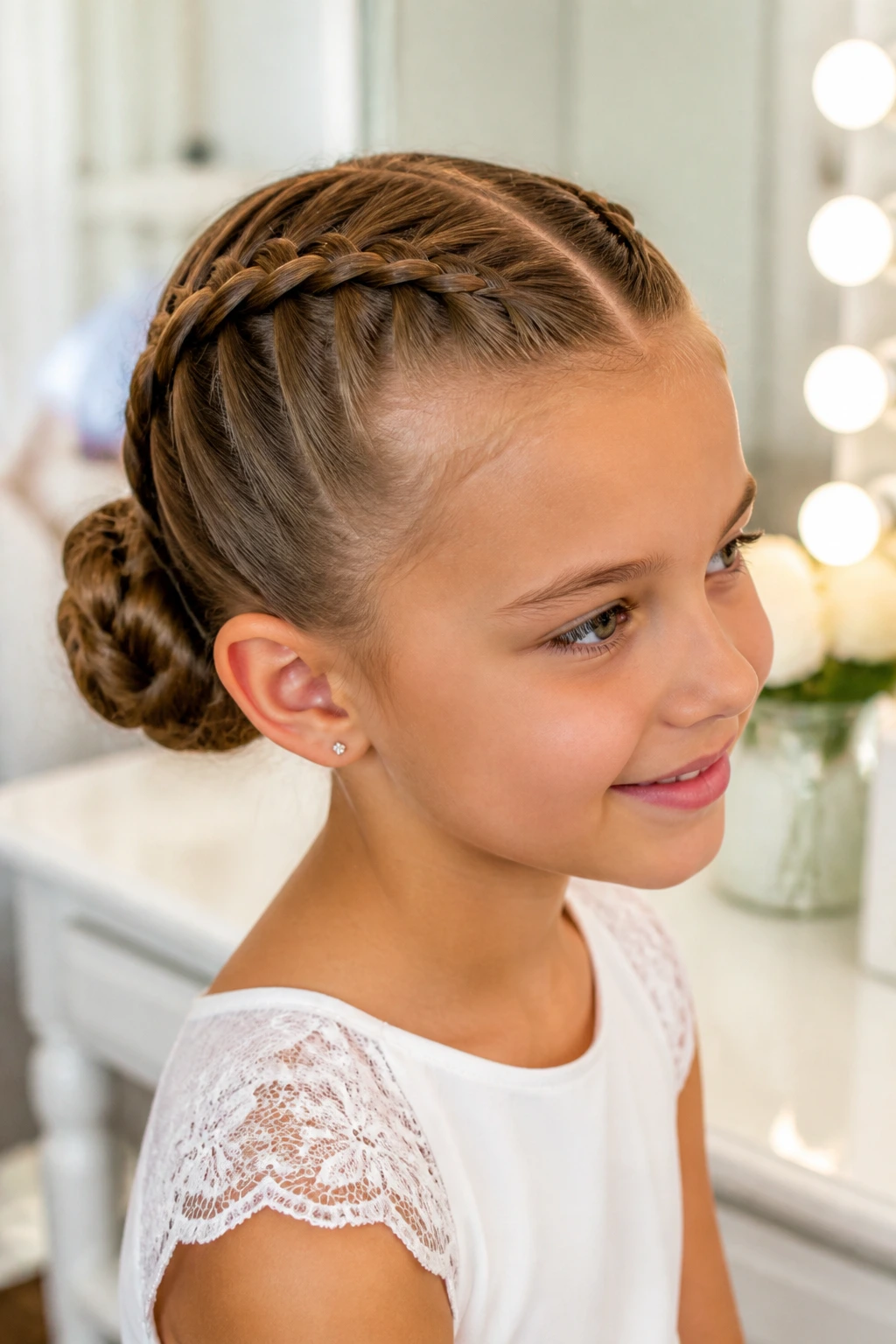 Close-up of a real girl with two Dutch braids forming a bun at the back