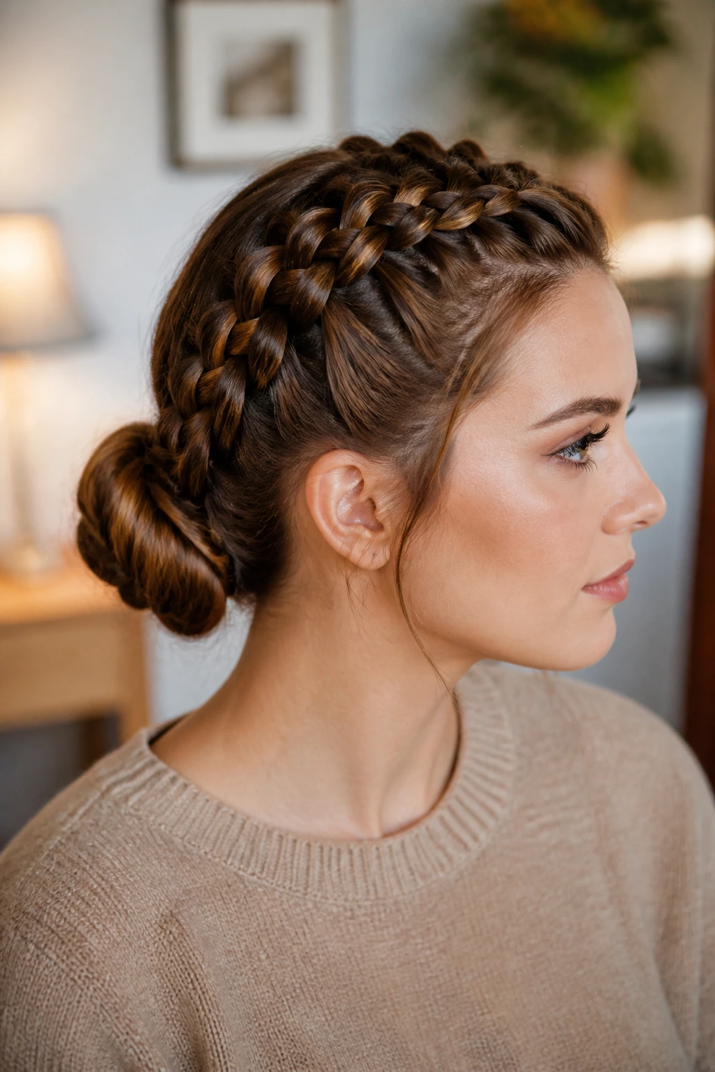 Medium close-up of a real woman showing two Dutch braids feeding into a low bun