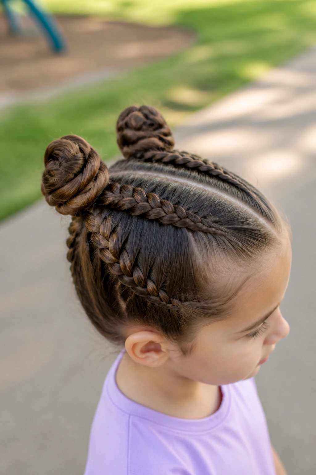 Close portrait of a girl with two Dutch braids forming two buns, outdoors