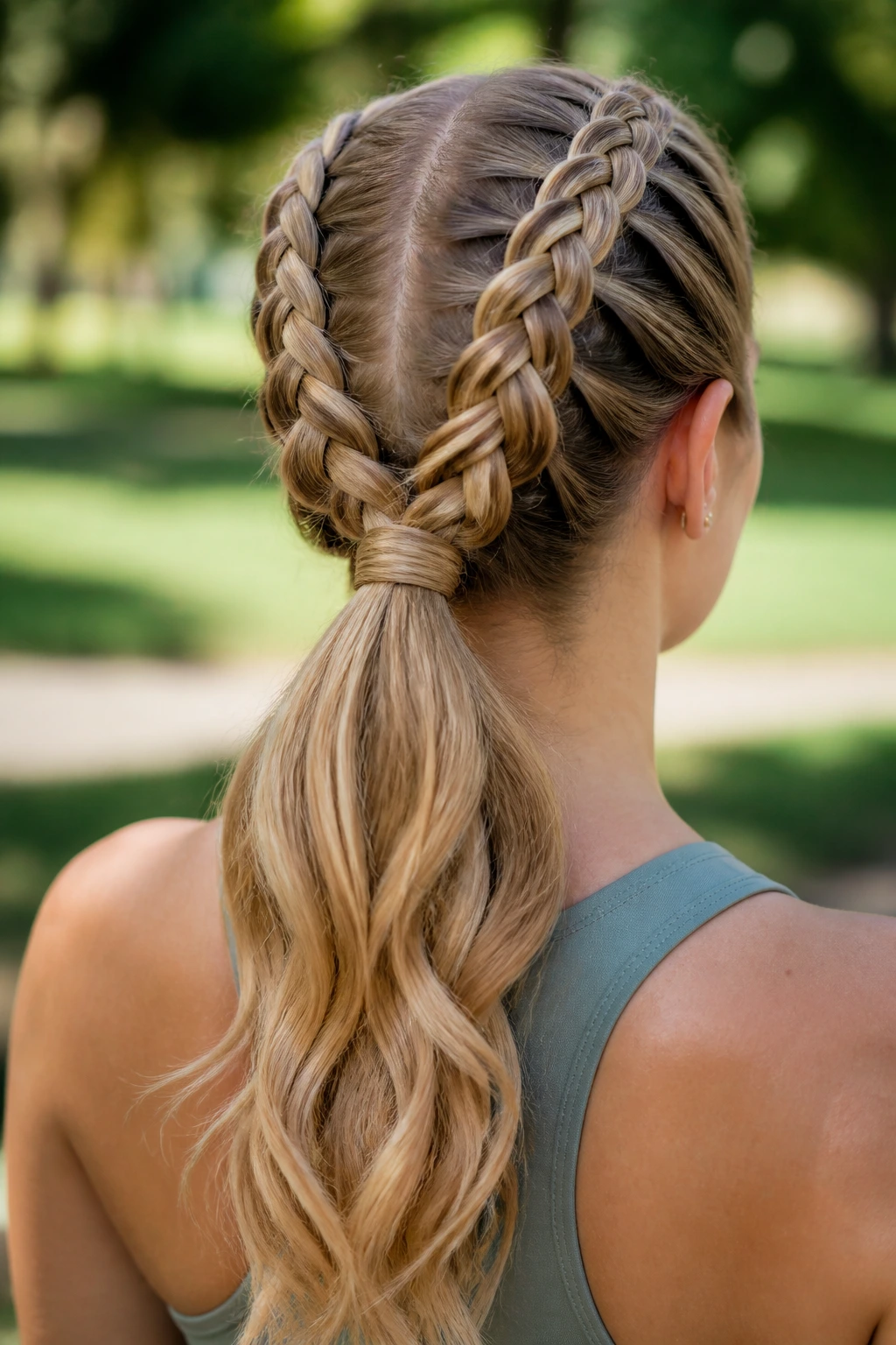 Back view of a real woman with two Dutch braids forming a ponytail in a park