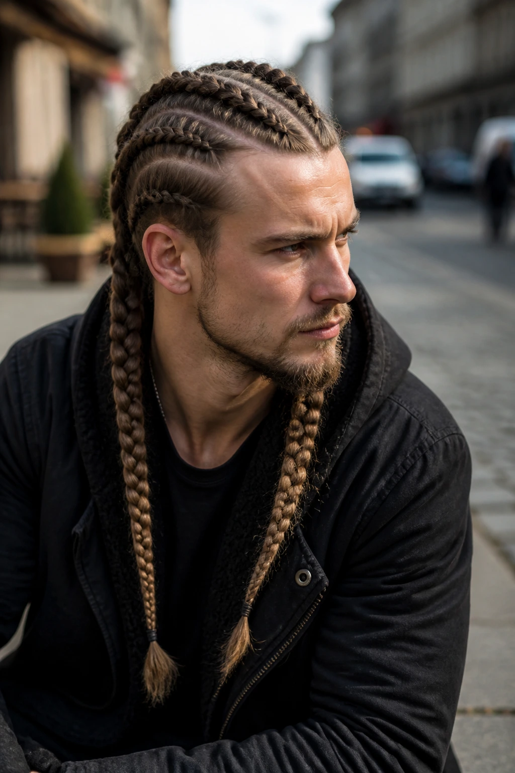 Person with two Dutch braids running back from crown