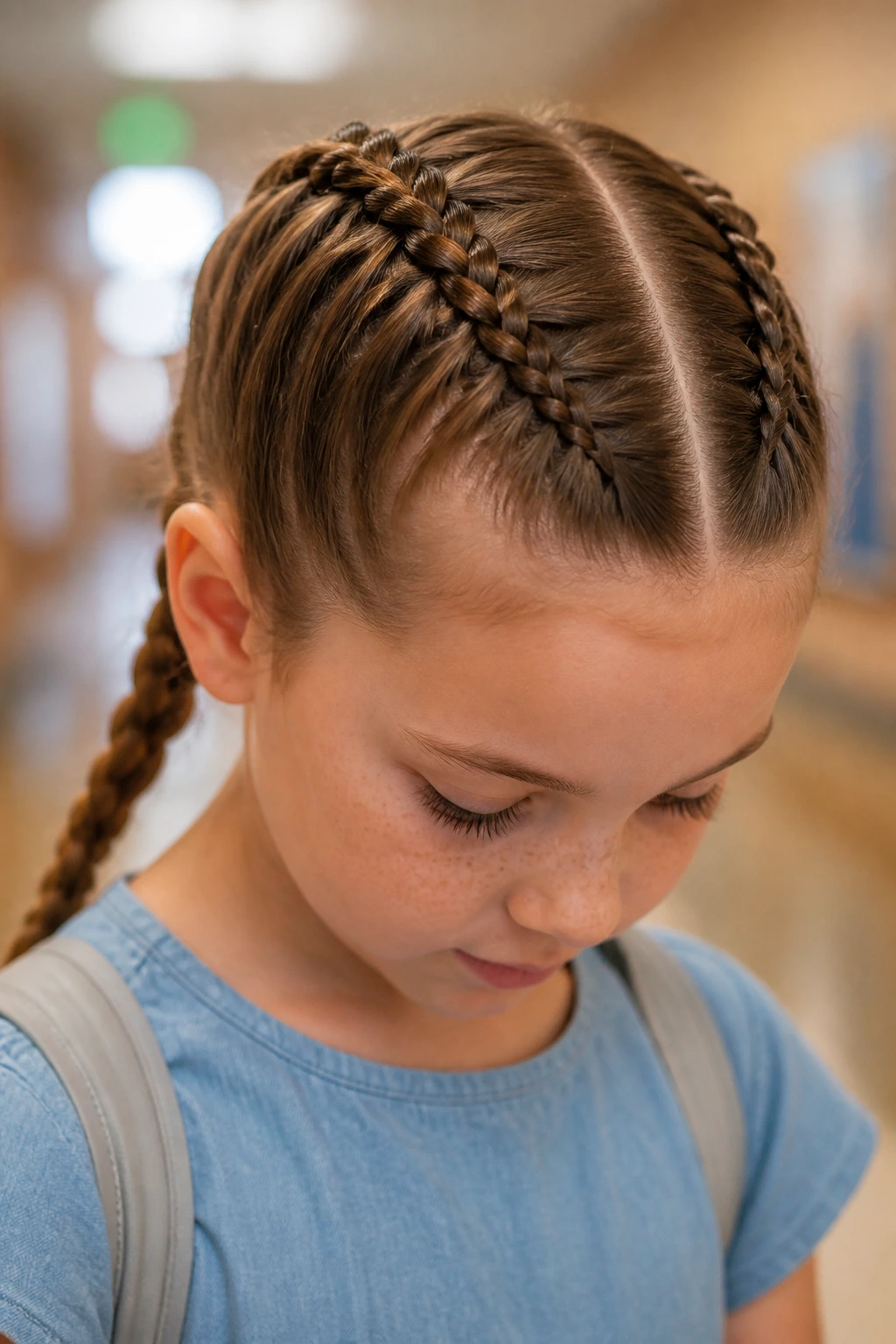 Close-up of a girl with double Dutch braids tight to the head