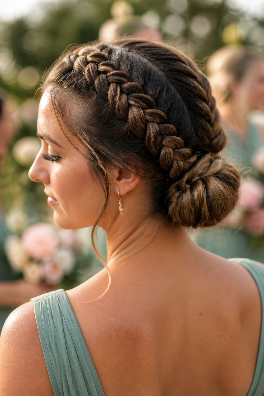 Close-up of a real bridesmaid's head with two Dutch braids forming a low bun in a garden setting