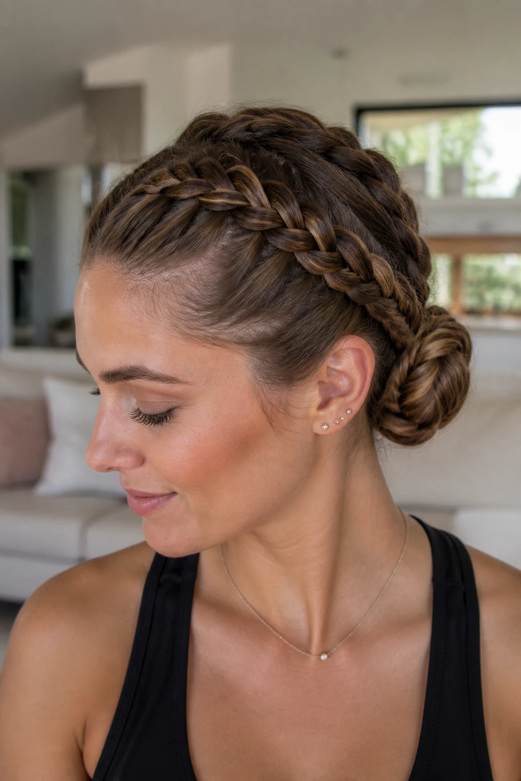 Real woman with double Dutch braids forming a bun