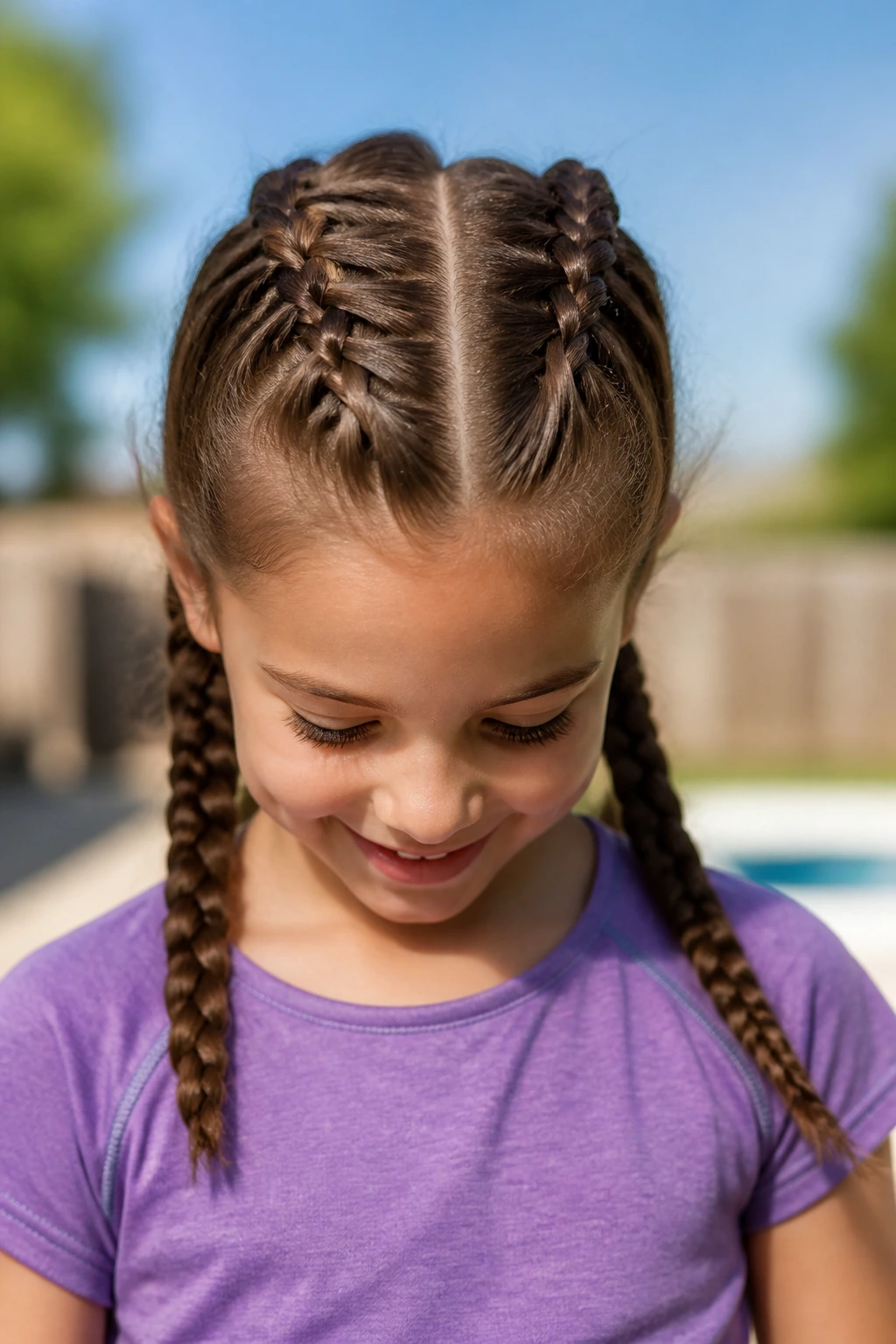 Close-up portrait of a child with double Dutch braids