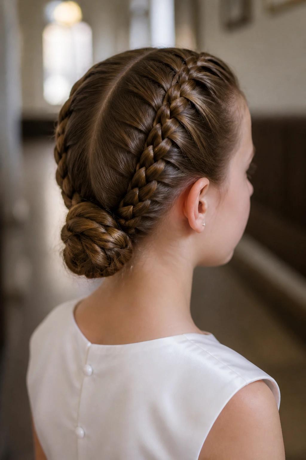 Close-up of a real child with double Dutch braids meeting into a low knot, neat and secure