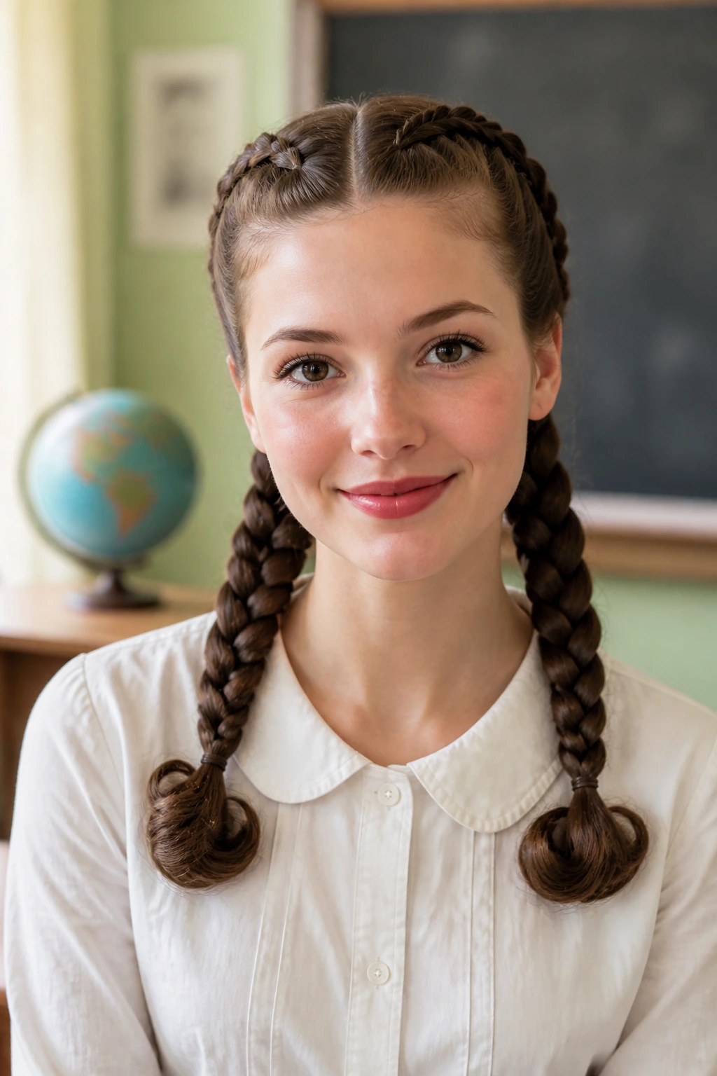 Person with double Dutch braids and curled ends in a vintage classroom setting