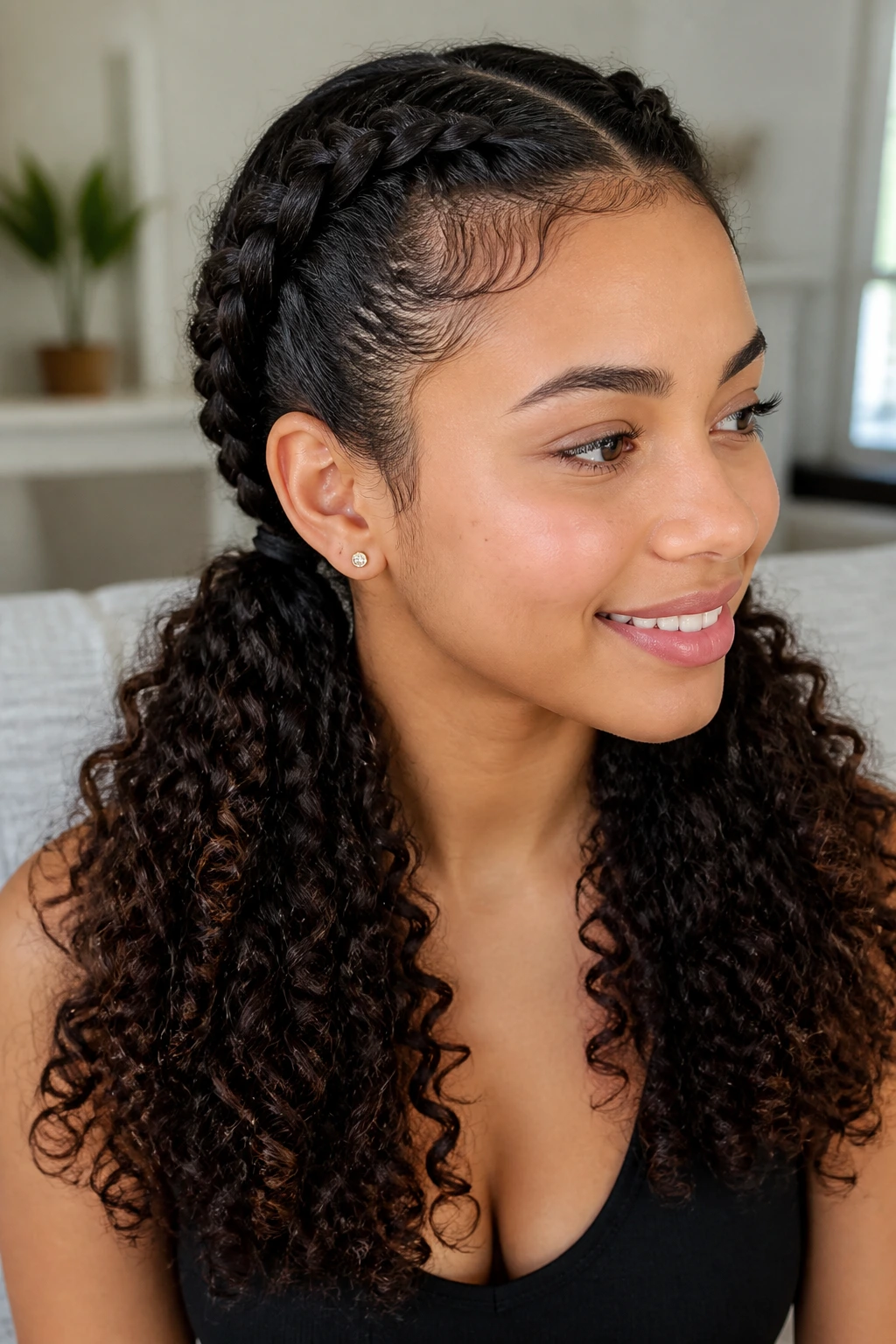 Close-up of a real woman with double Dutch braids transitioning to curls