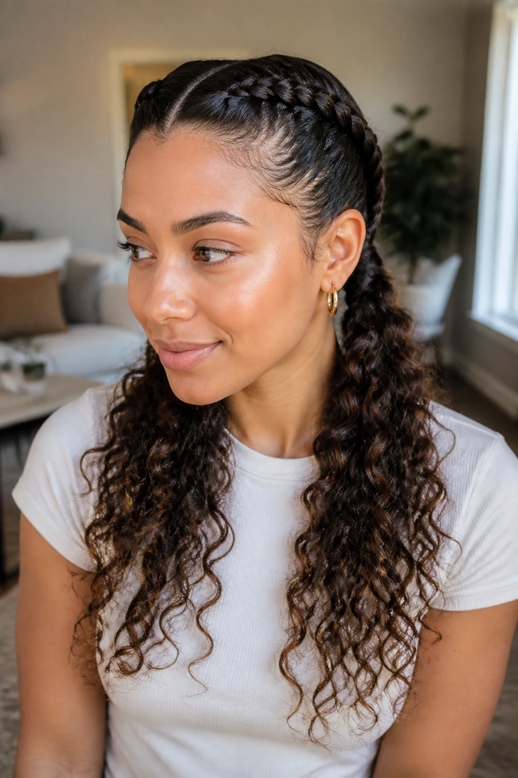 Mid-shot of a real woman with double Dutch braids and curly ends.