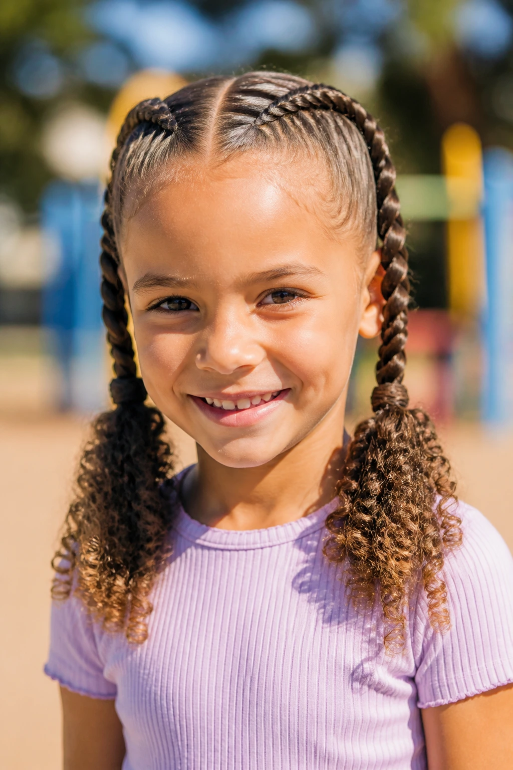 Child with double Dutch braids leading into curly ends.