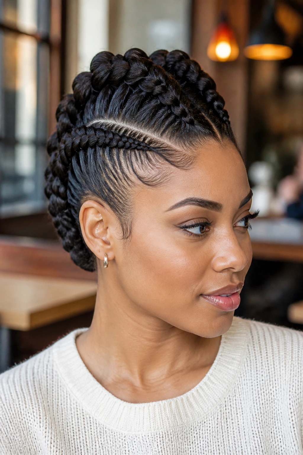 Close-up of double Dutch braided faux hawk on a real person