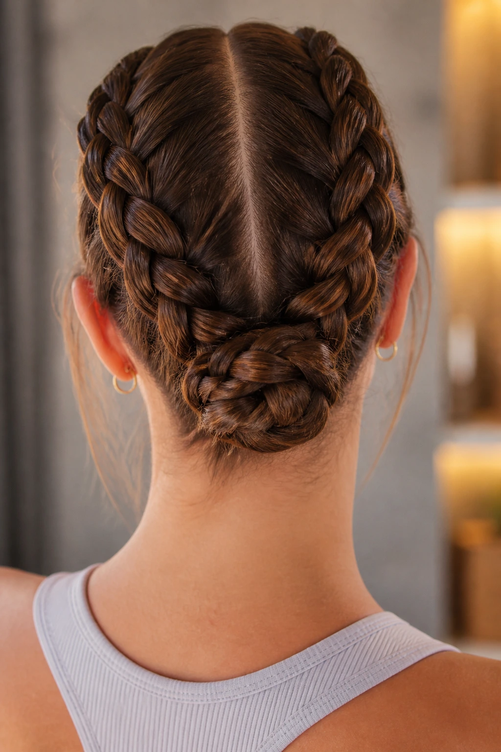 Real person with double Dutch braids rolled into a knot