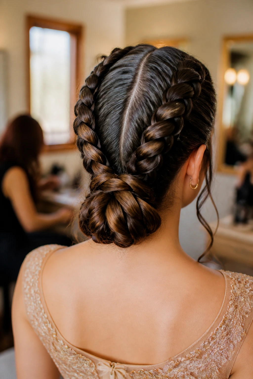 Back view of a real woman with double Dutch braids into a low bun in a salon setting