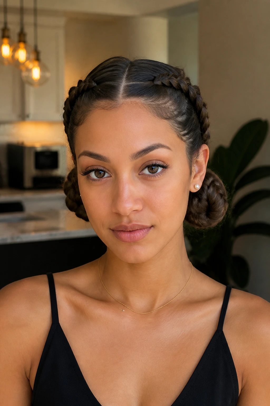 Two Dutch braids pulled into low buns.