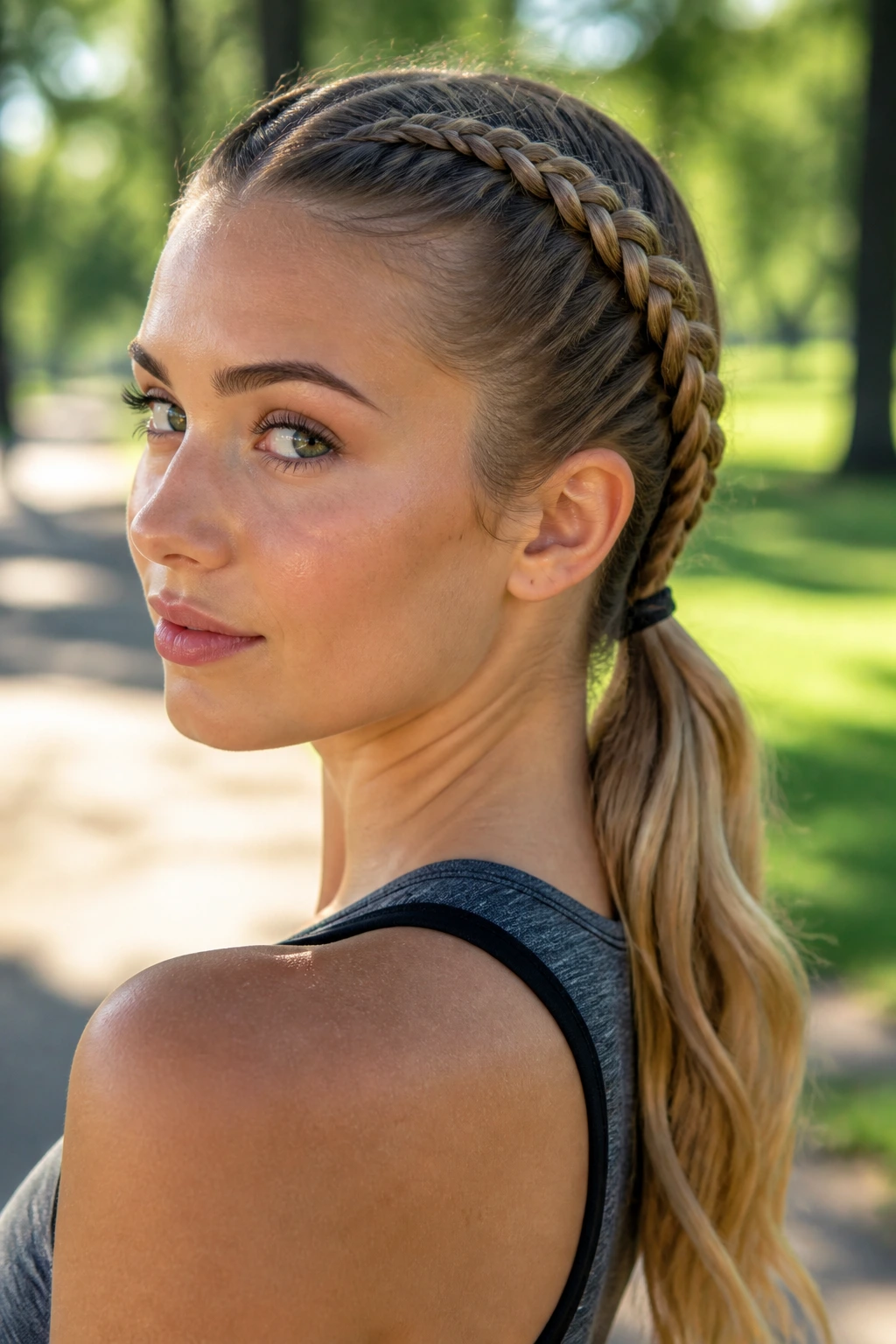 Close-up of double Dutch braids forming a low ponytail on a real person in a sunny outdoor setting
