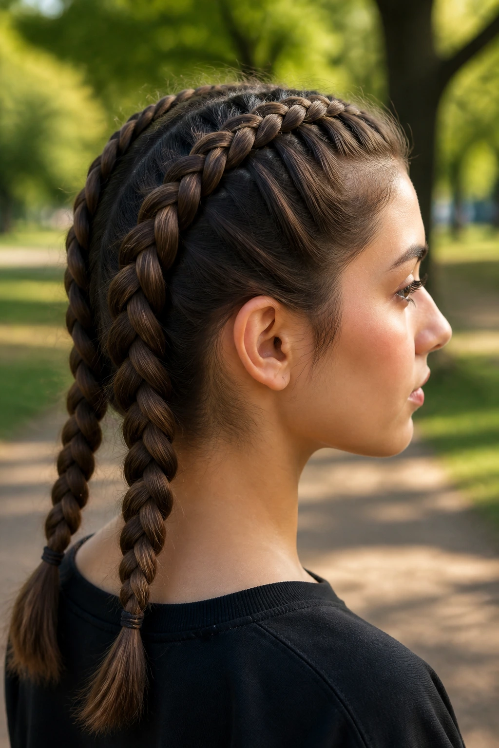 Real person with two Dutch braids on top of head, medium-length hair