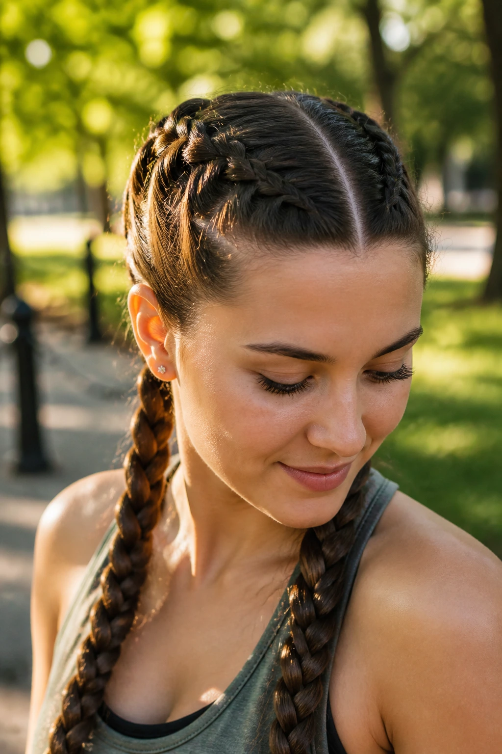 Close-up of a real woman with double Dutch braids outdoors in warm golden-hour light