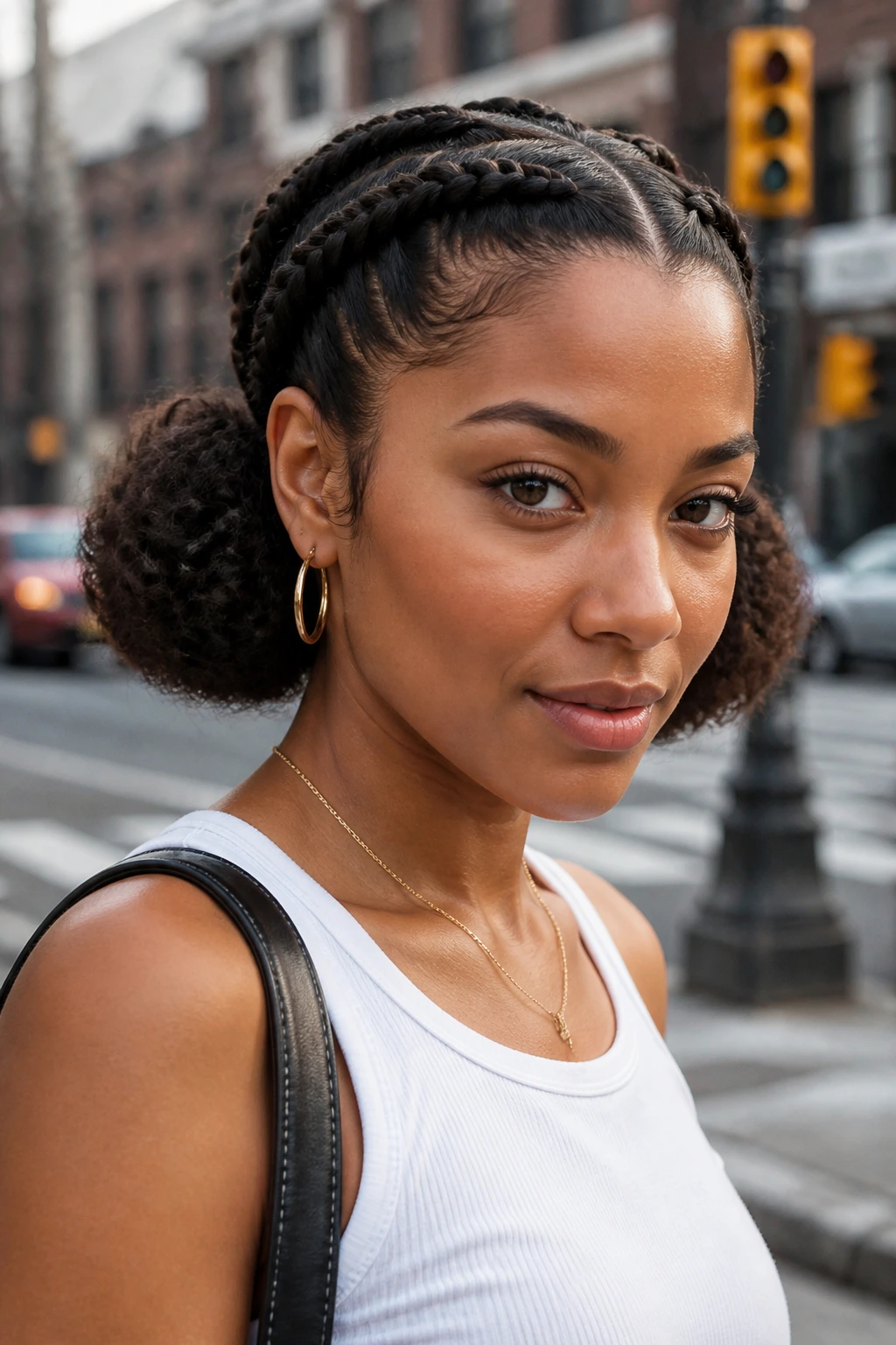 Close-up portrait with two Dutch braids and low puffs for a balanced silhouette