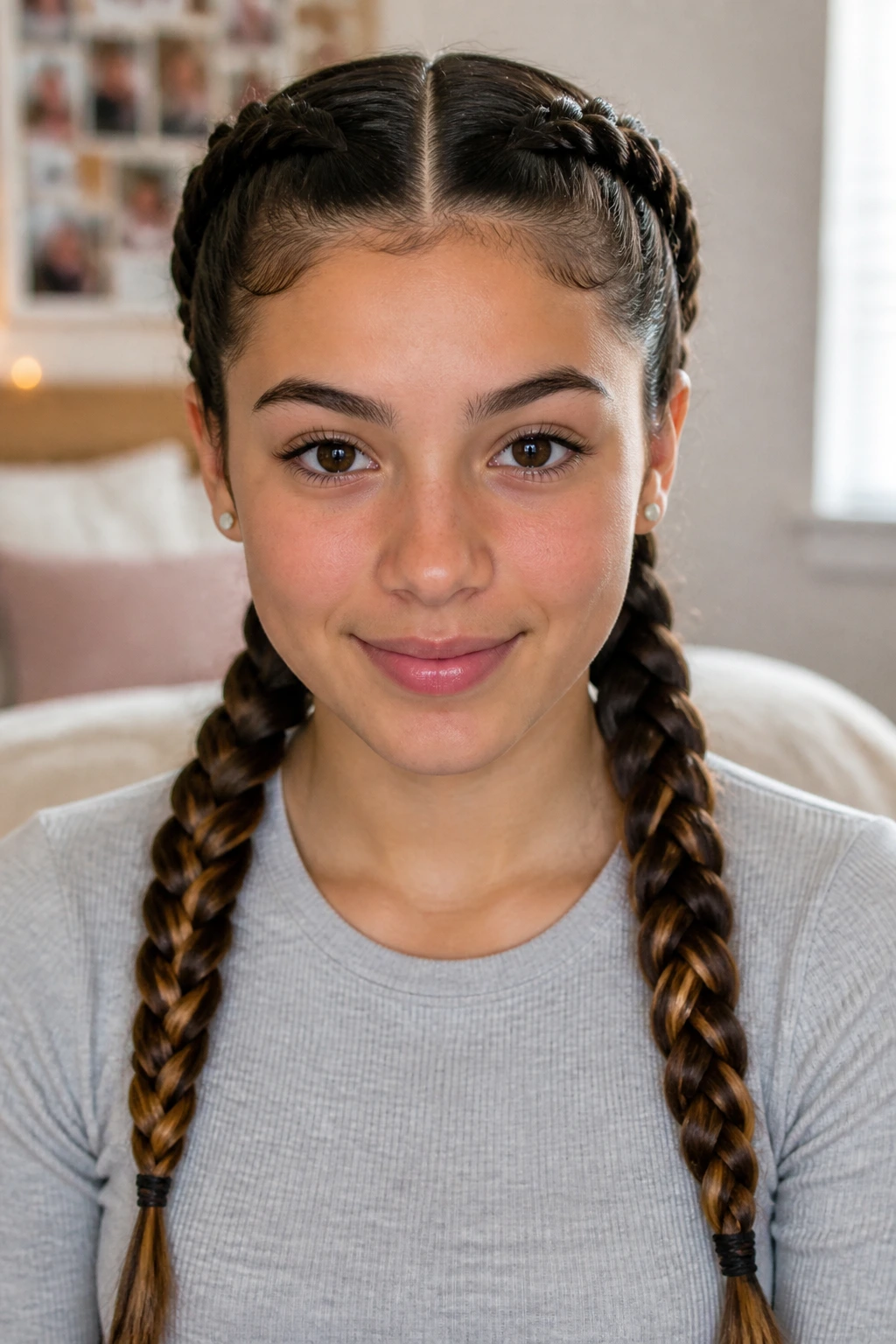 Real student with twin Dutch braids head-on