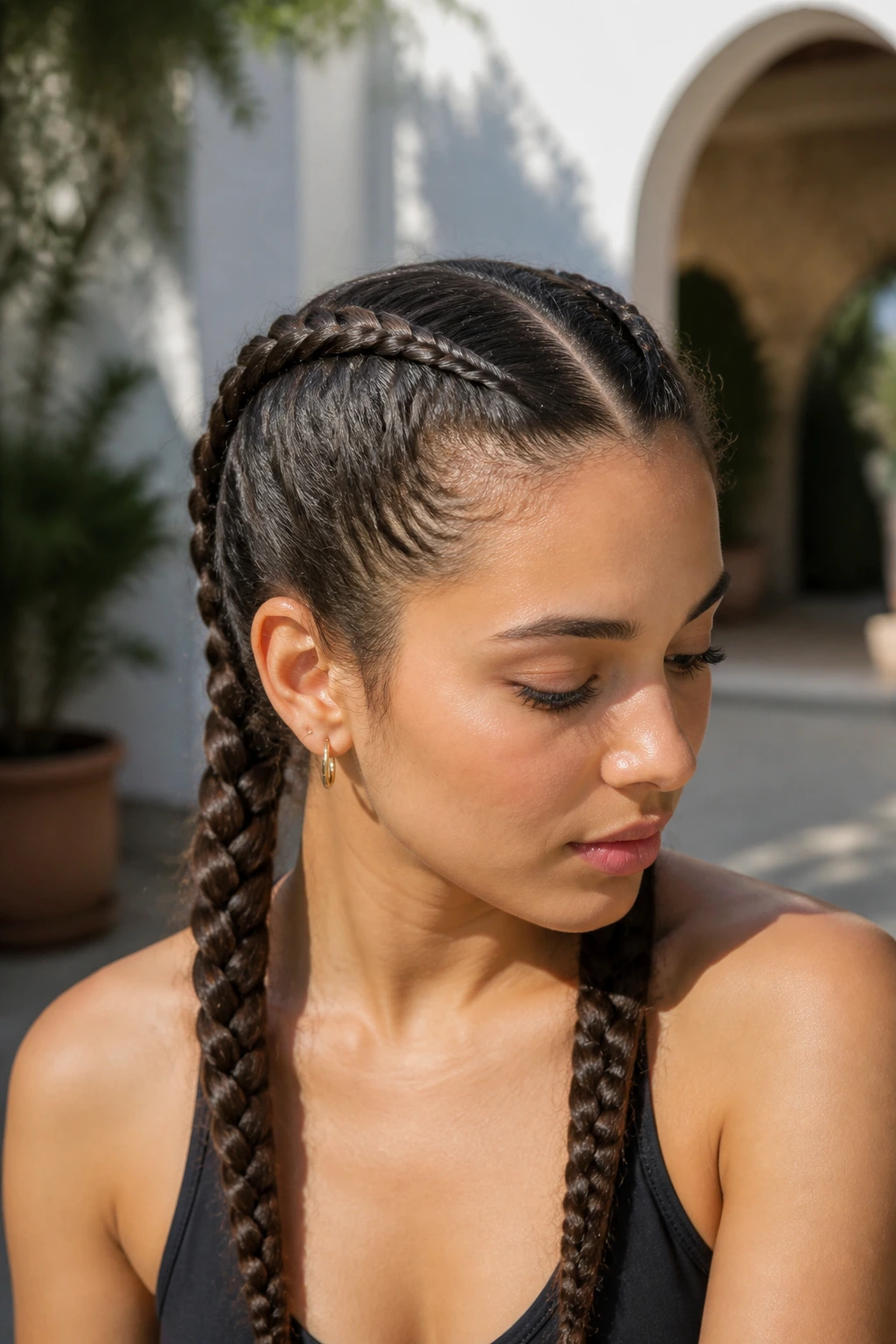 Real woman with two Dutch braids holding through long day
