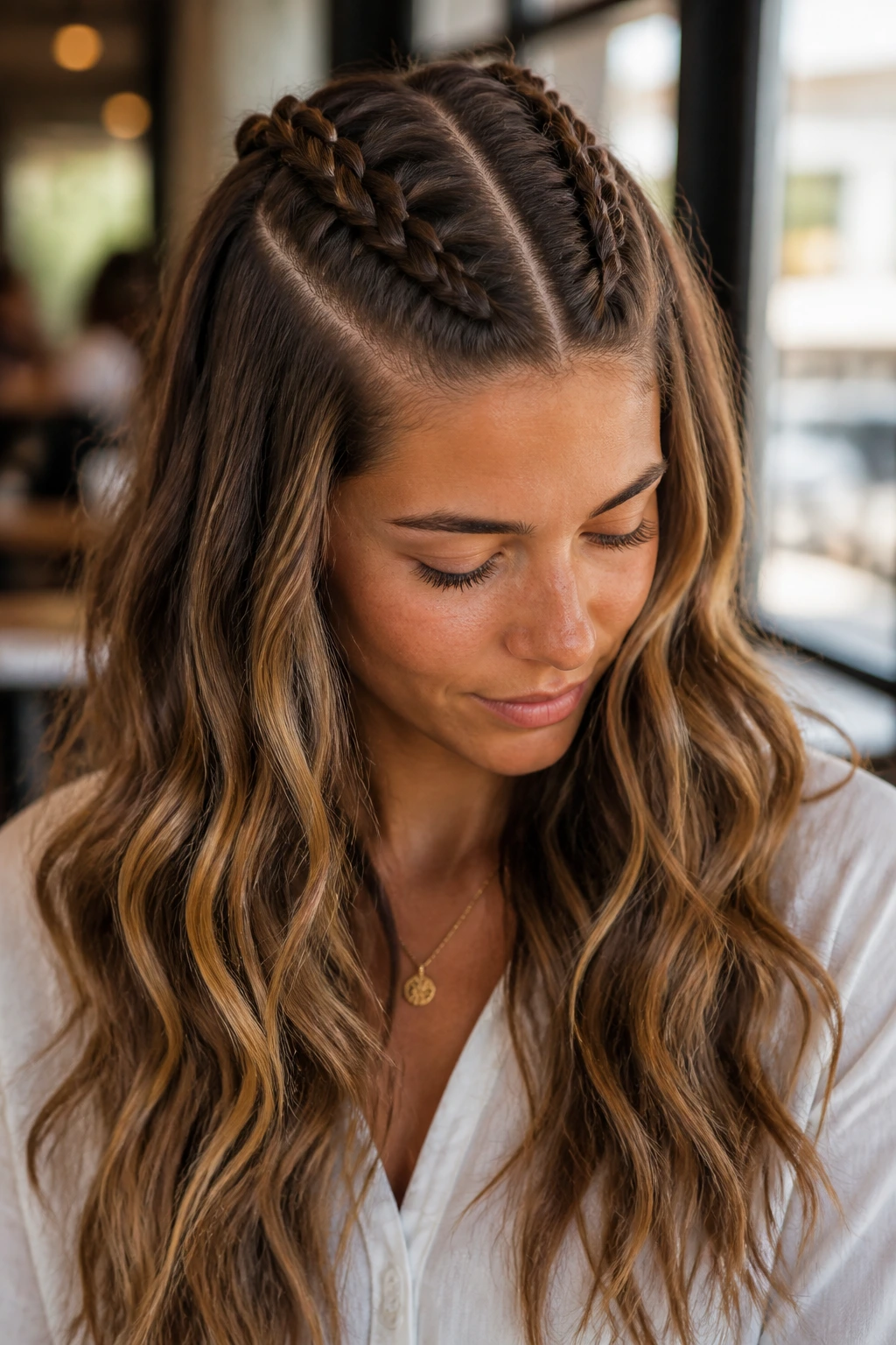 Close-up portrait of a real woman with two Dutch braids loosening into waves.