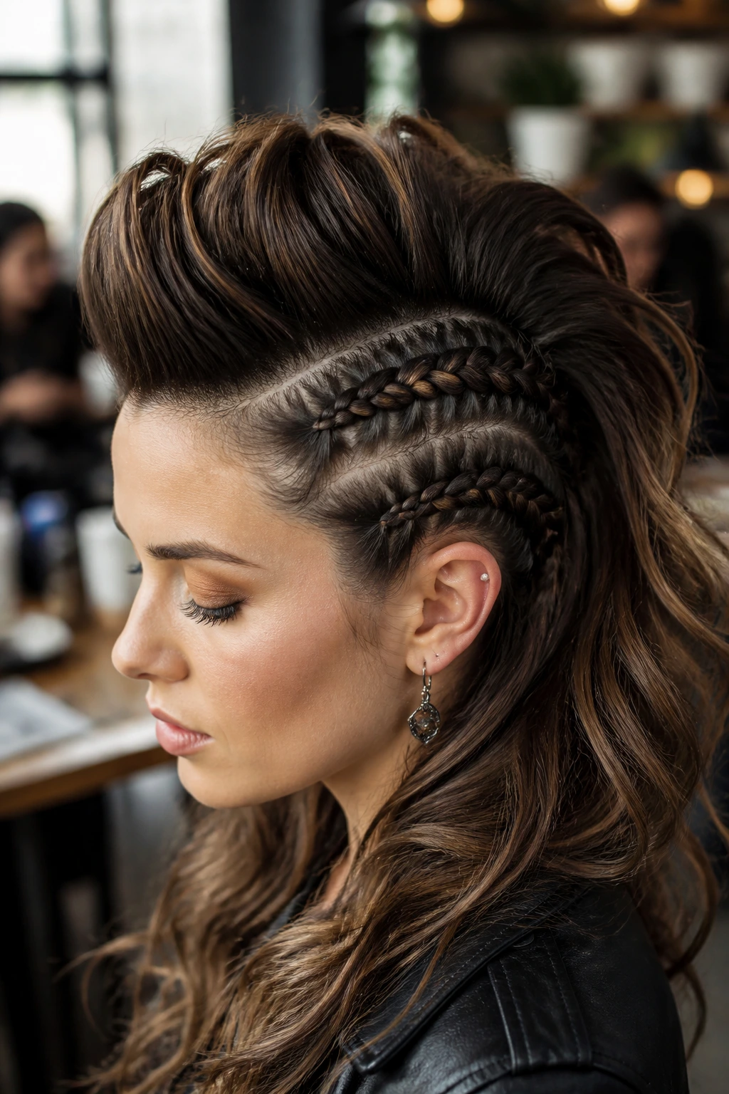 Close-up portrait of a real person with two Dutch braids and a center ridge faux hawk