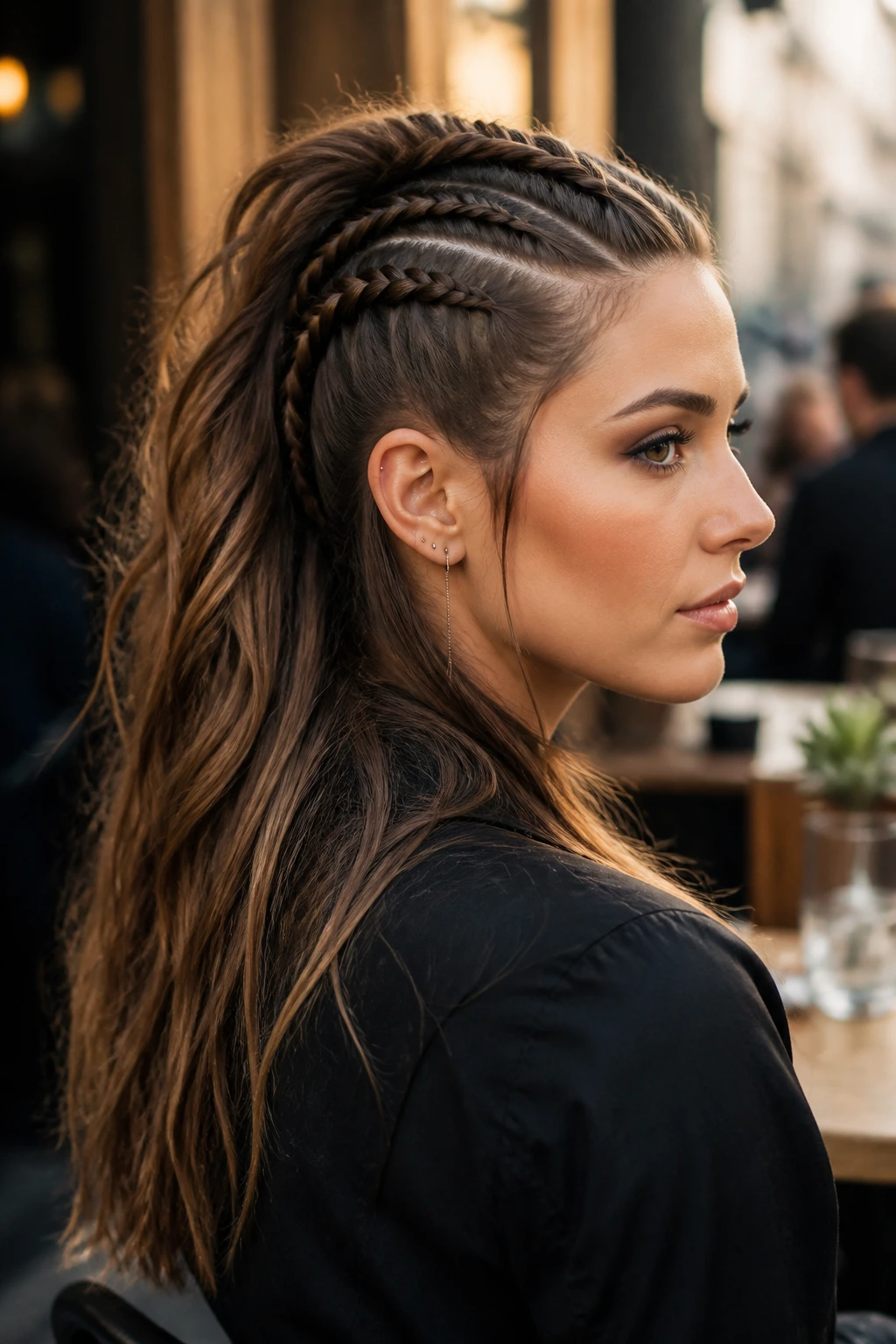 Three-quarter portrait of a real woman with two Dutch braids and an open-back hawk.