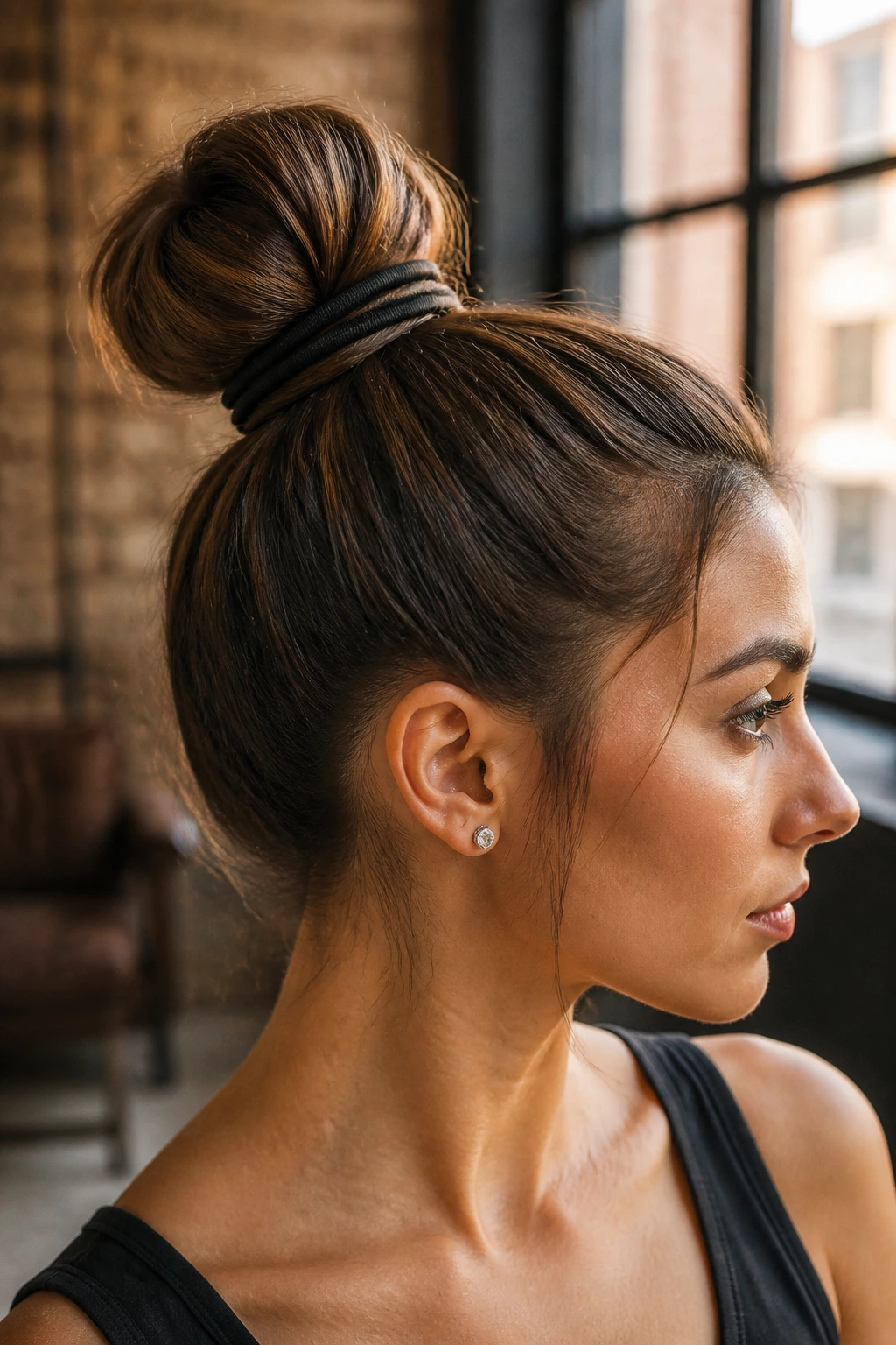 Real woman with double-elastic lift bun close-up