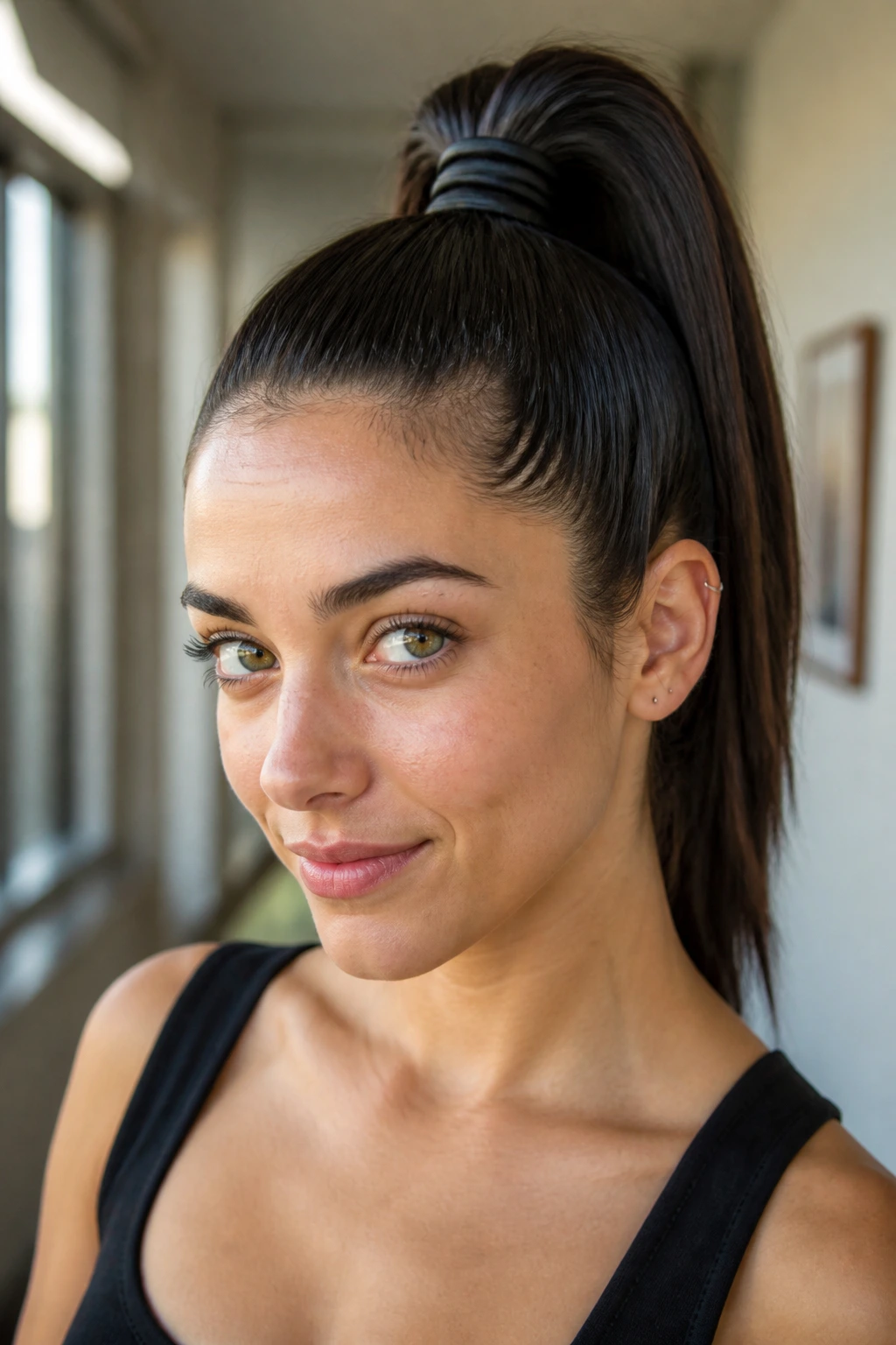 Close-up of a real woman with a double-elastic high ponytail in a cozy setting