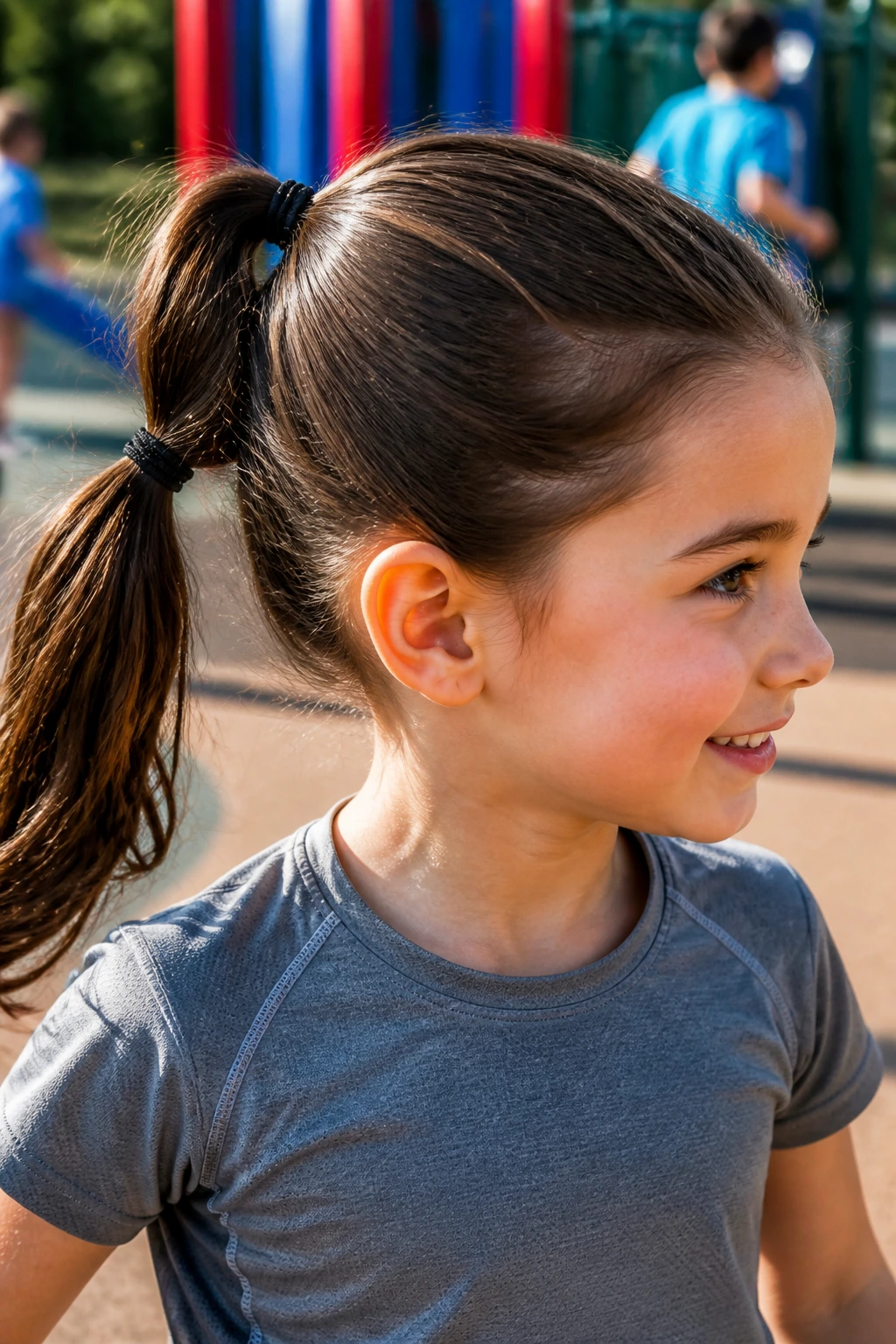 Real child with a double-elastic pony in an outdoor playground setting.