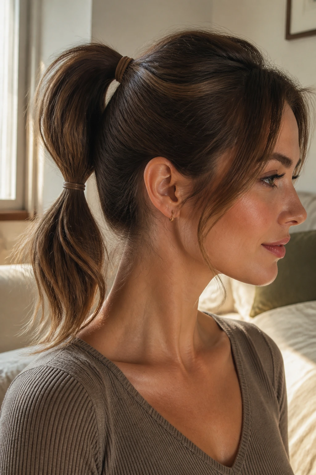 Double-Elastic Length Cheat: close-up of a real woman with two elastics creating a longer-looking ponytail