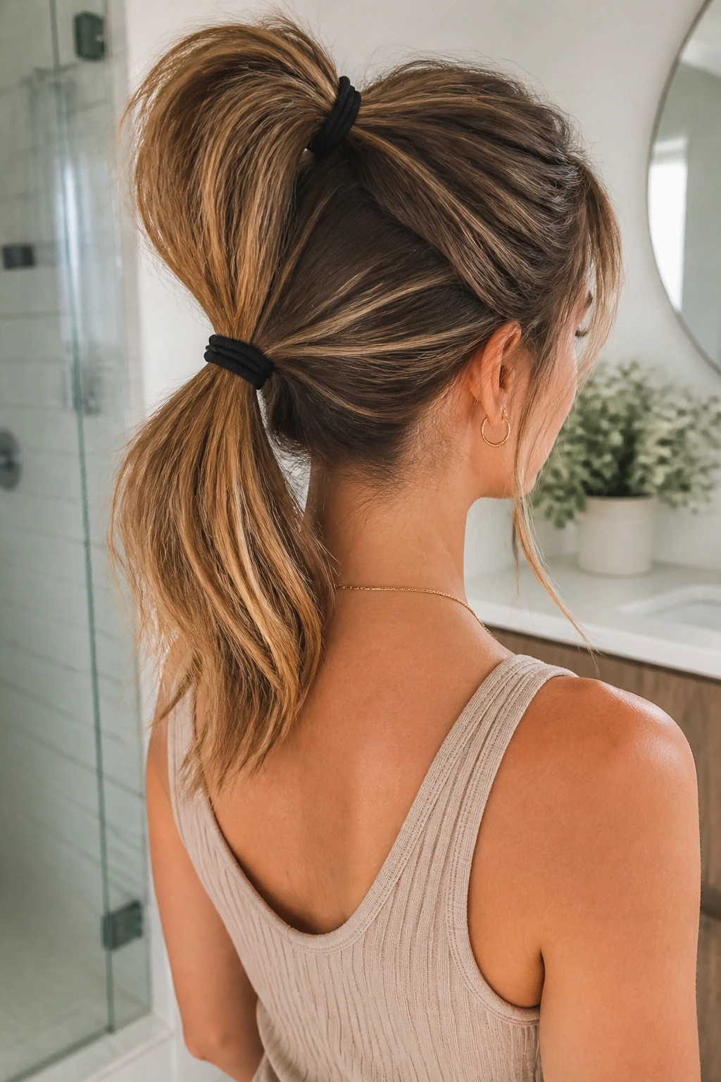 Three-quarter back view of a real woman with a two-elastic lift ponytail