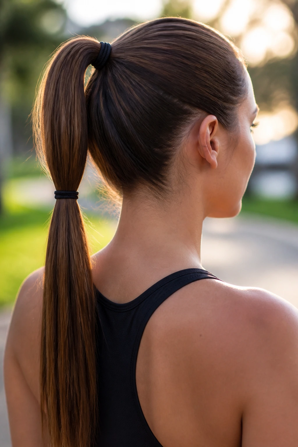 Close-up of a real person with a double-elastic long ponytail highlighting two elastics at the crown and mid-length.