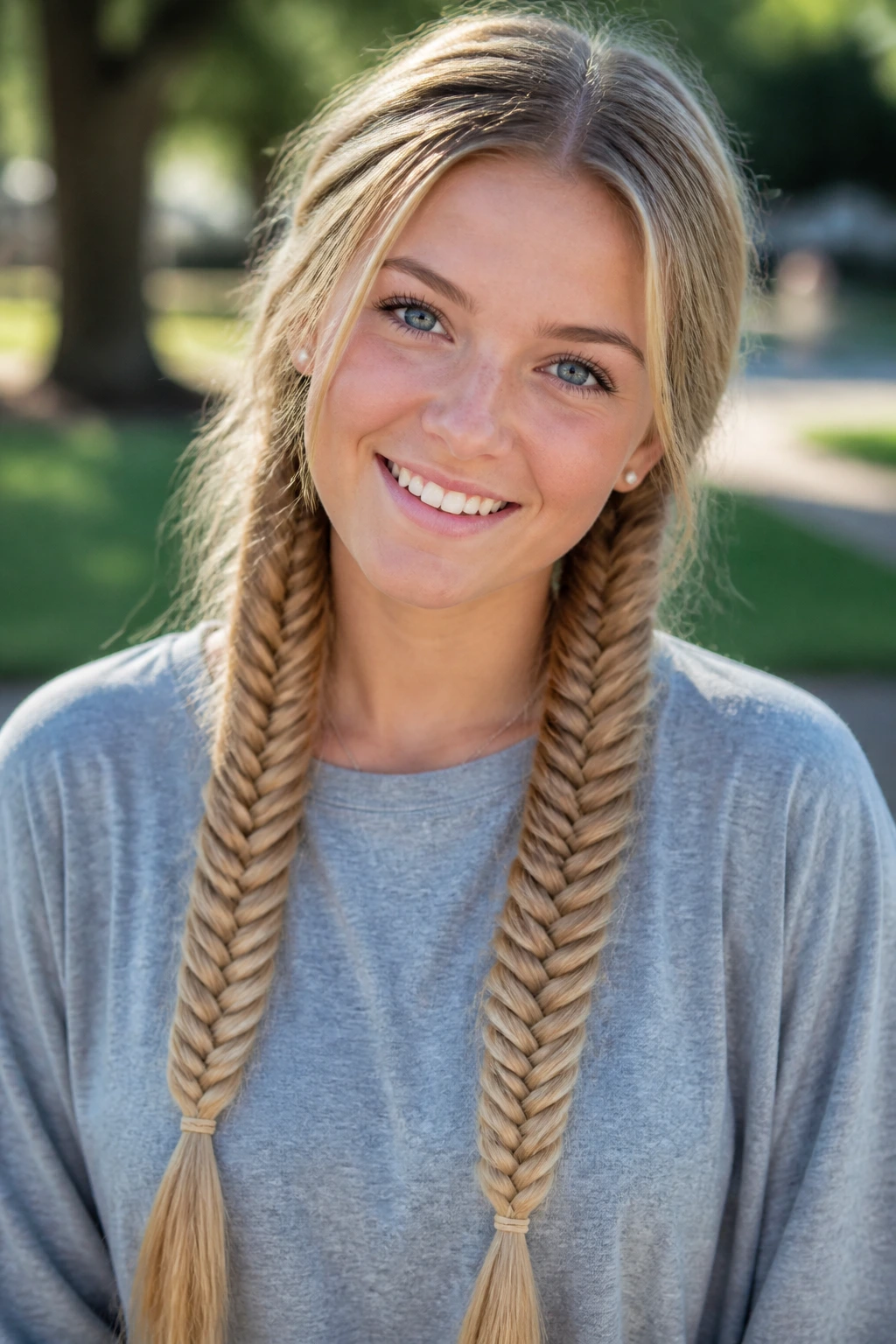 Frontal close-up of a real person with two symmetrical fishtail braids in twin pigtails