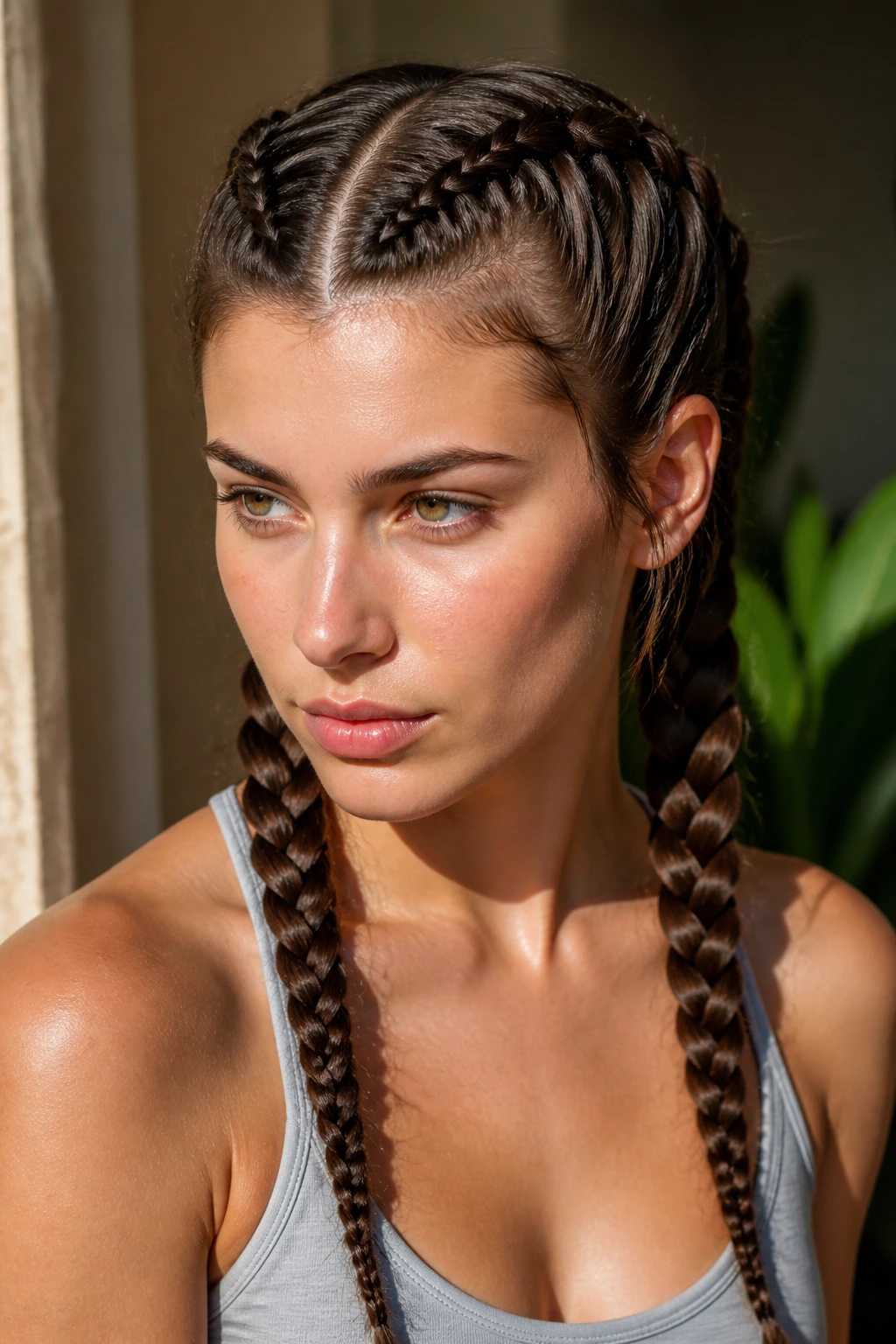 Real person with double French braids down center