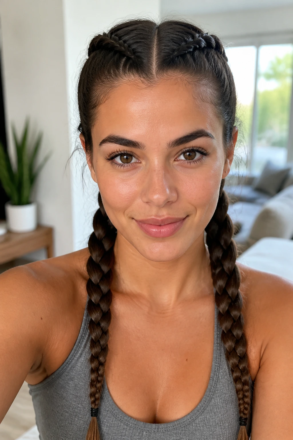 Close-up portrait of a real woman with two French braids