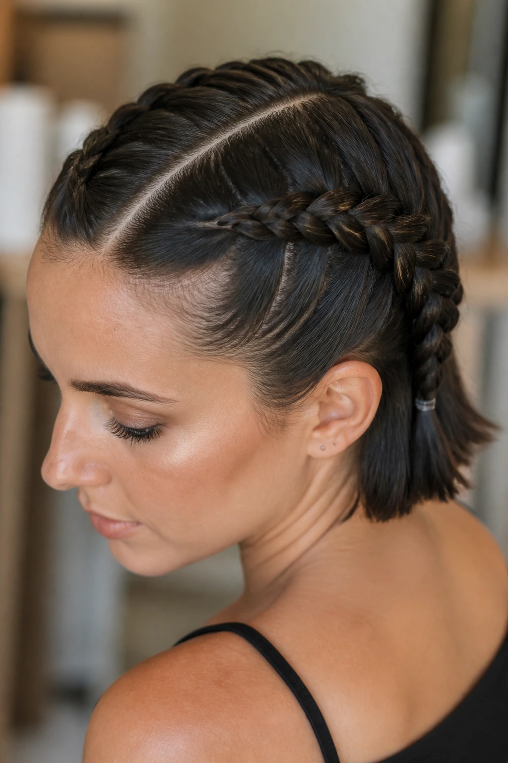 Two French braids on a short bob, close-up