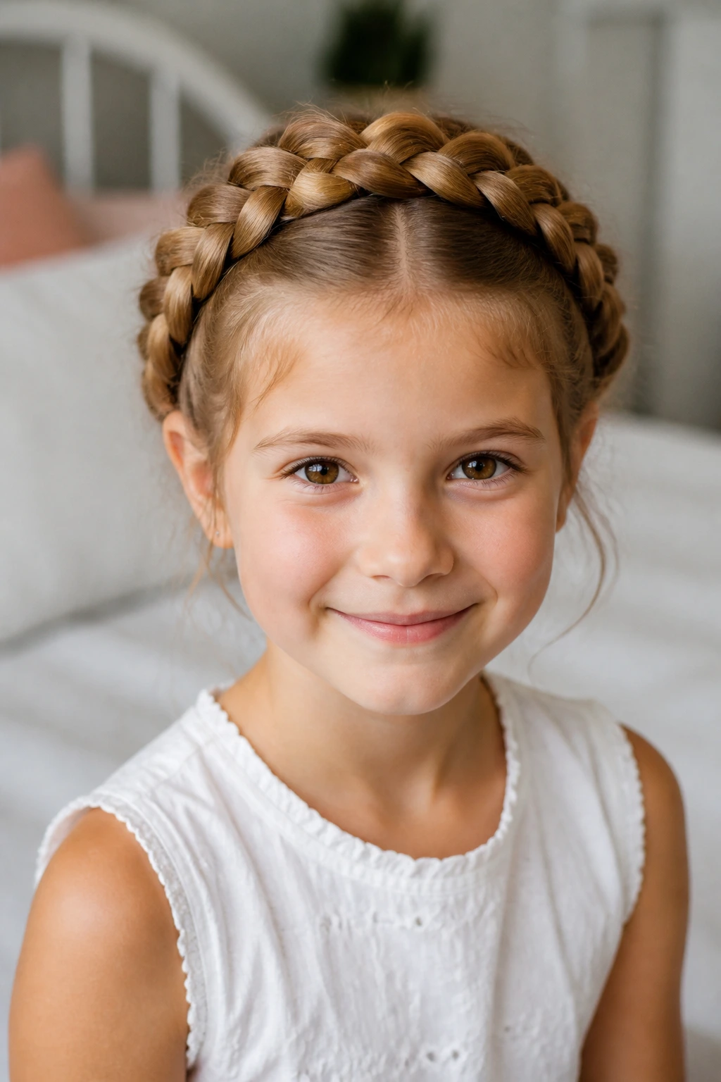 Girl wearing double halo braids in soft bedroom light