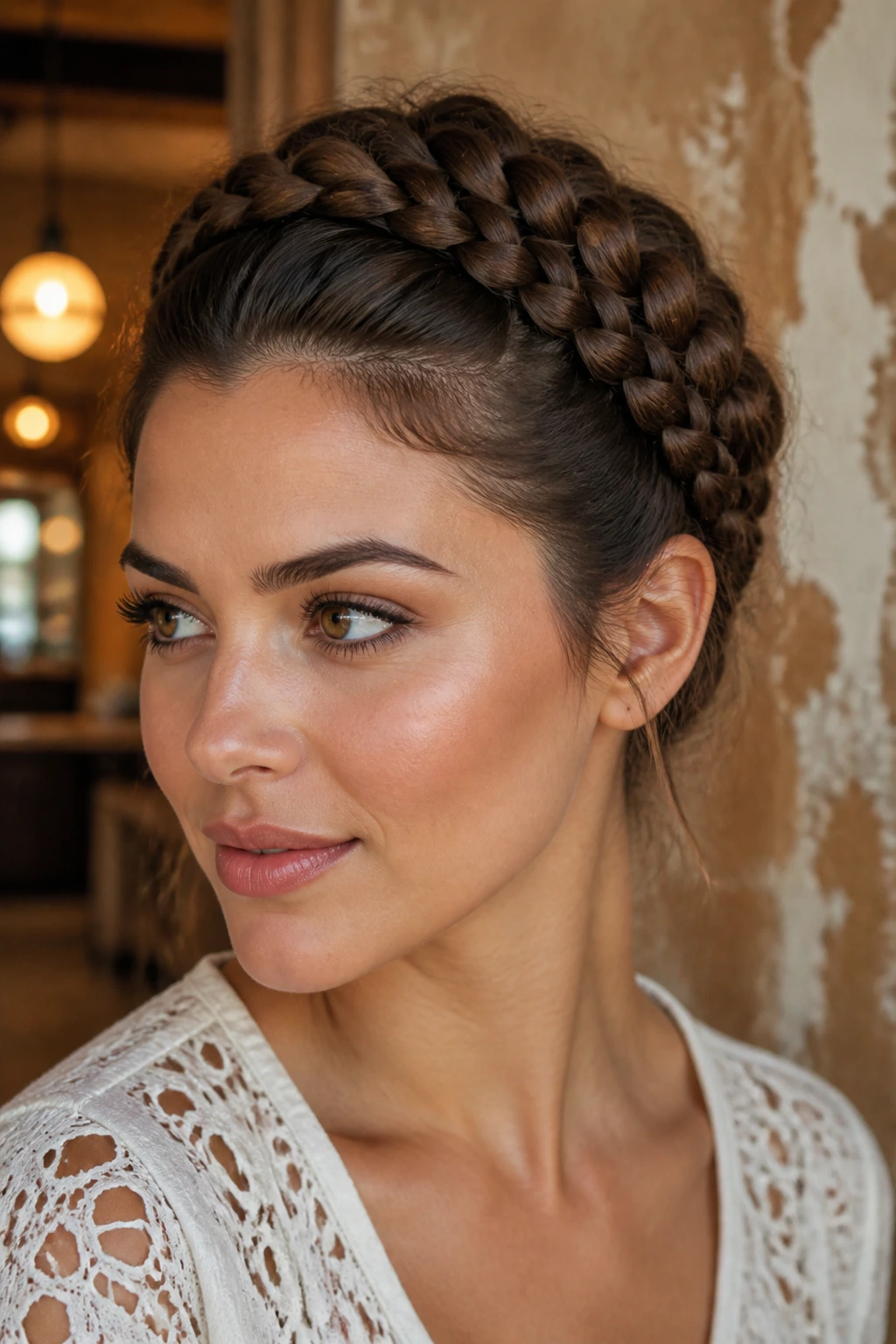 Close-up of a real woman with two symmetrical halo braids around the crown.