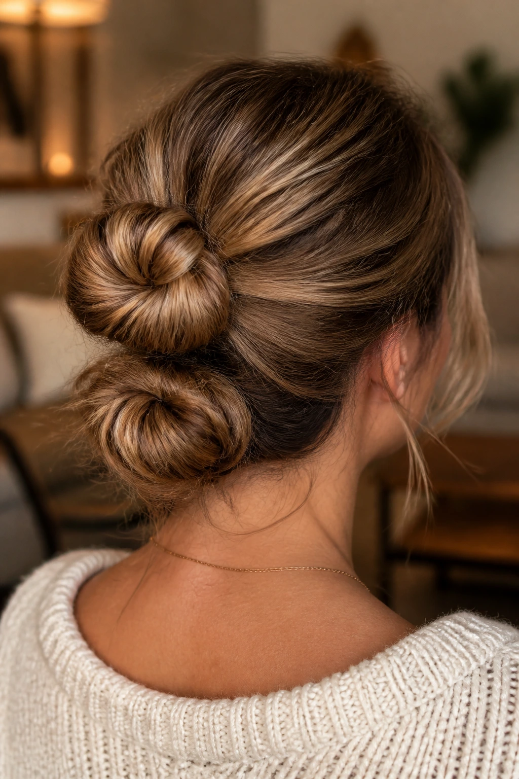 Three-quarter rear view showing a double-knot bun at the nape