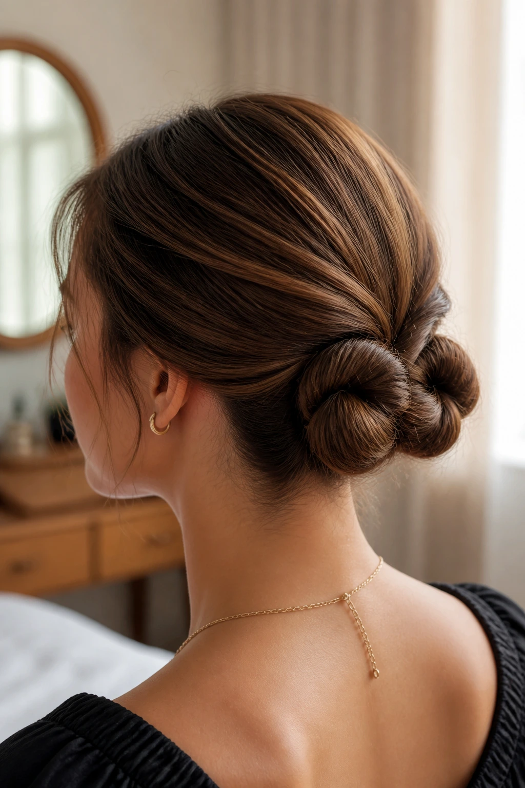 Real woman with double knot bun at the nape in a warm room
