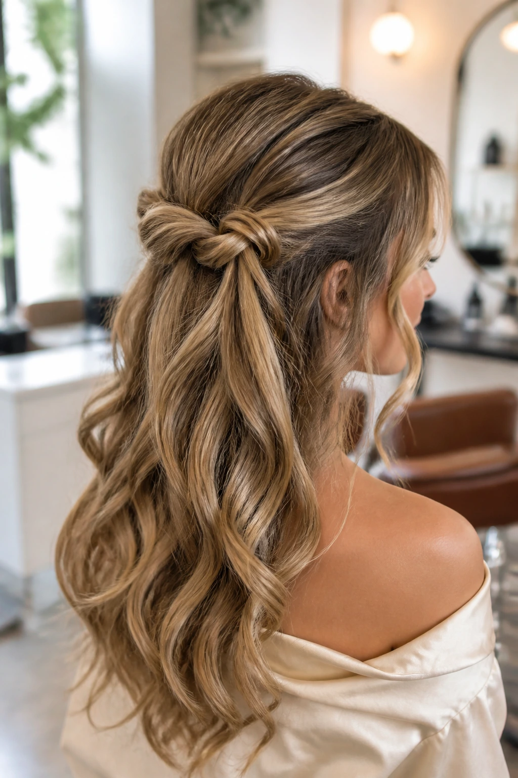 Close-up portrait of a real woman showing the double knot half-up hairstyle at back crown