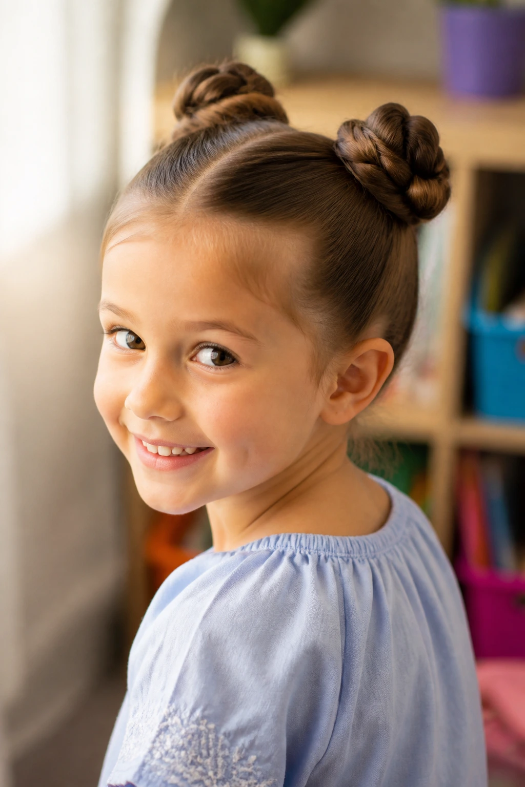 Close-up of a child with two knotted buns