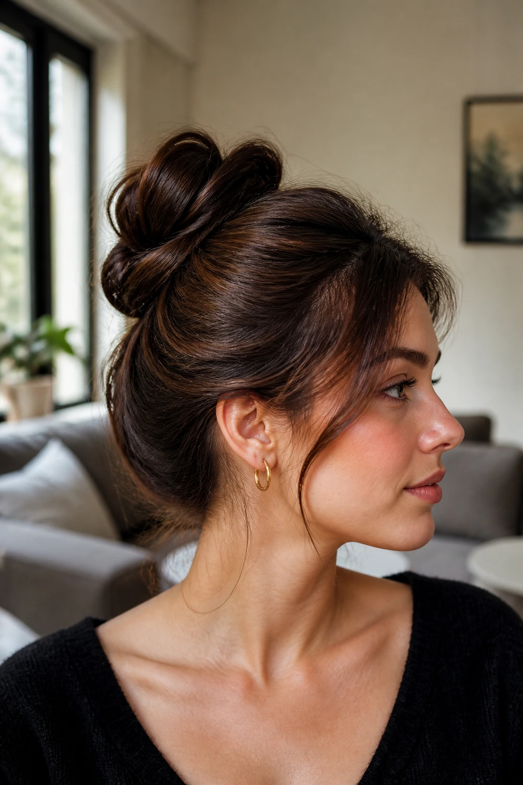 Portrait of a woman with a two-loop bun showing layered loops.