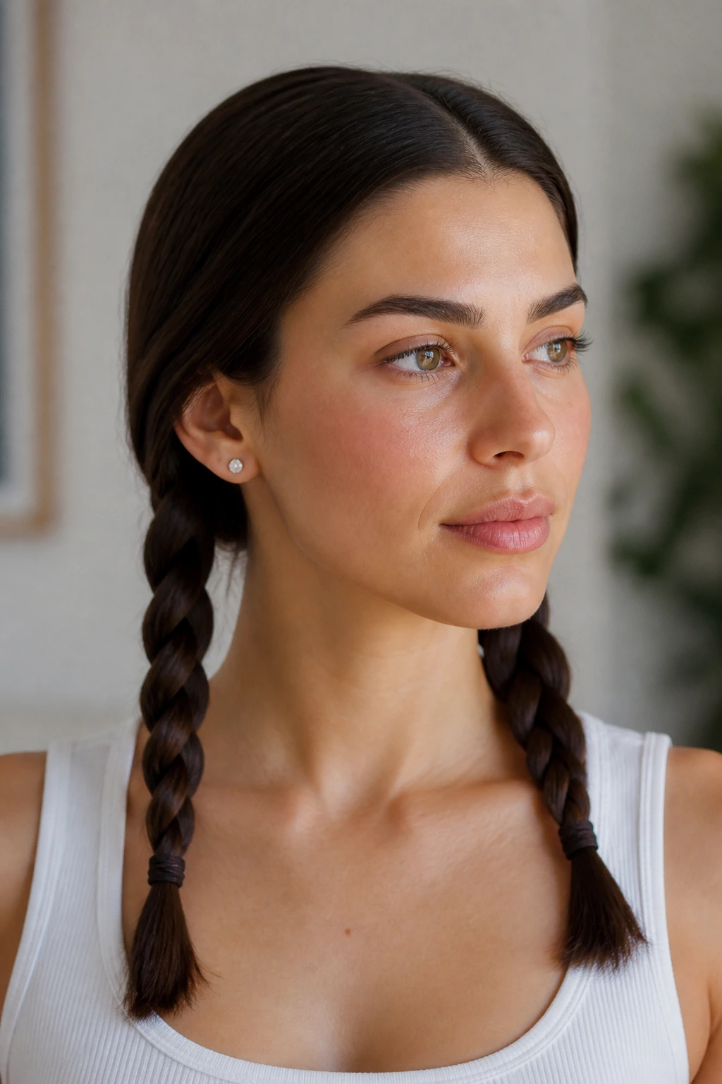 Close-up portrait of a real woman with two even low braids near the neck