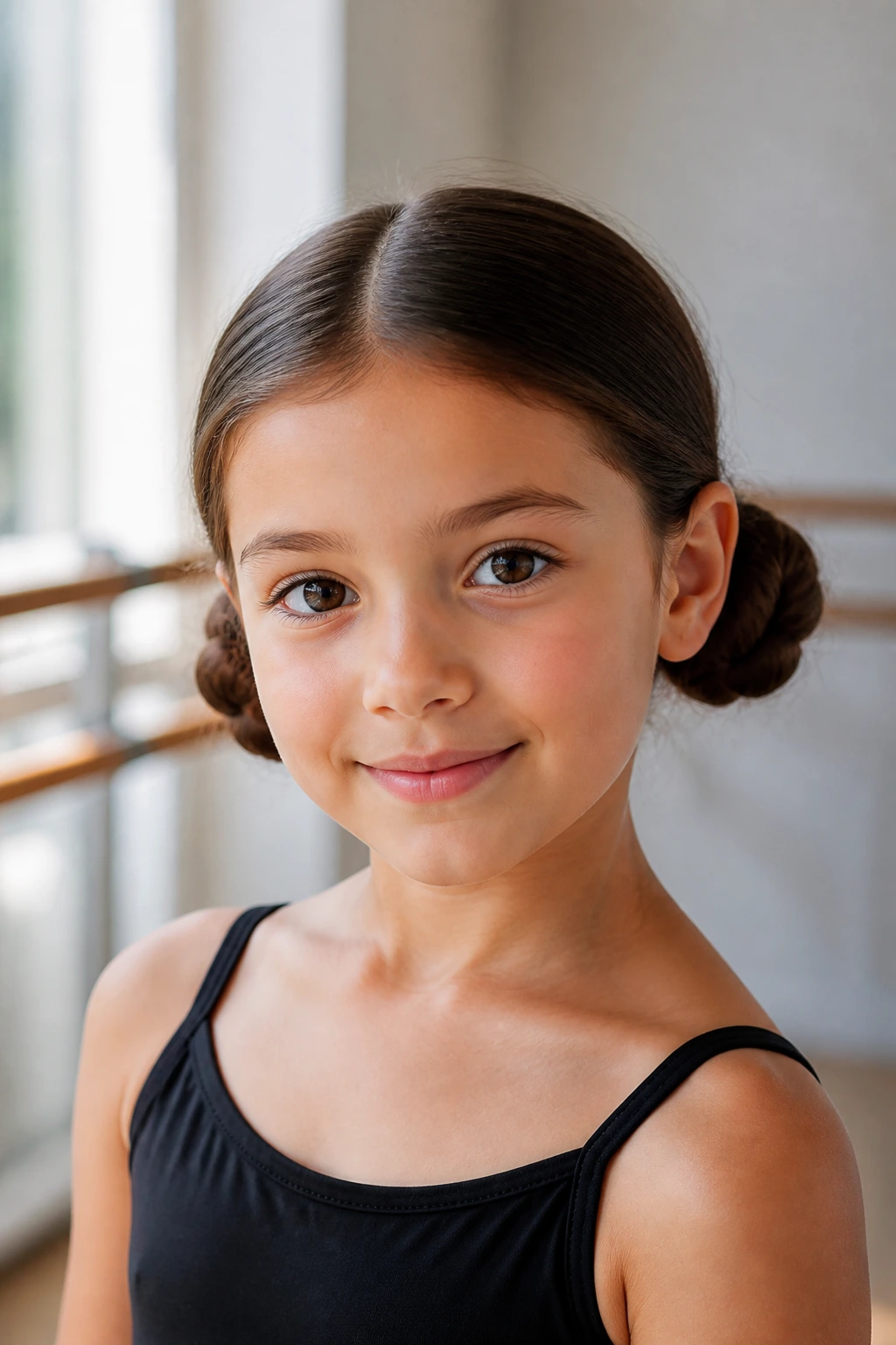 Brunette girl with double low buns at the nape