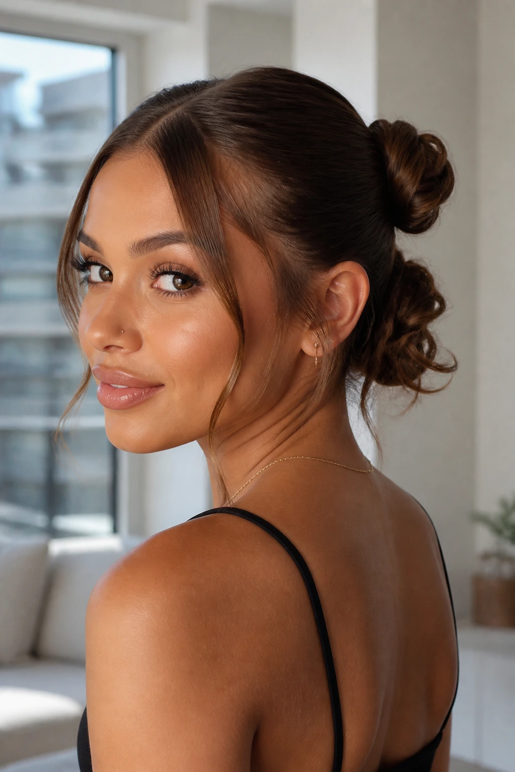 Close-up of a real woman with double mini buns and soft curled ends