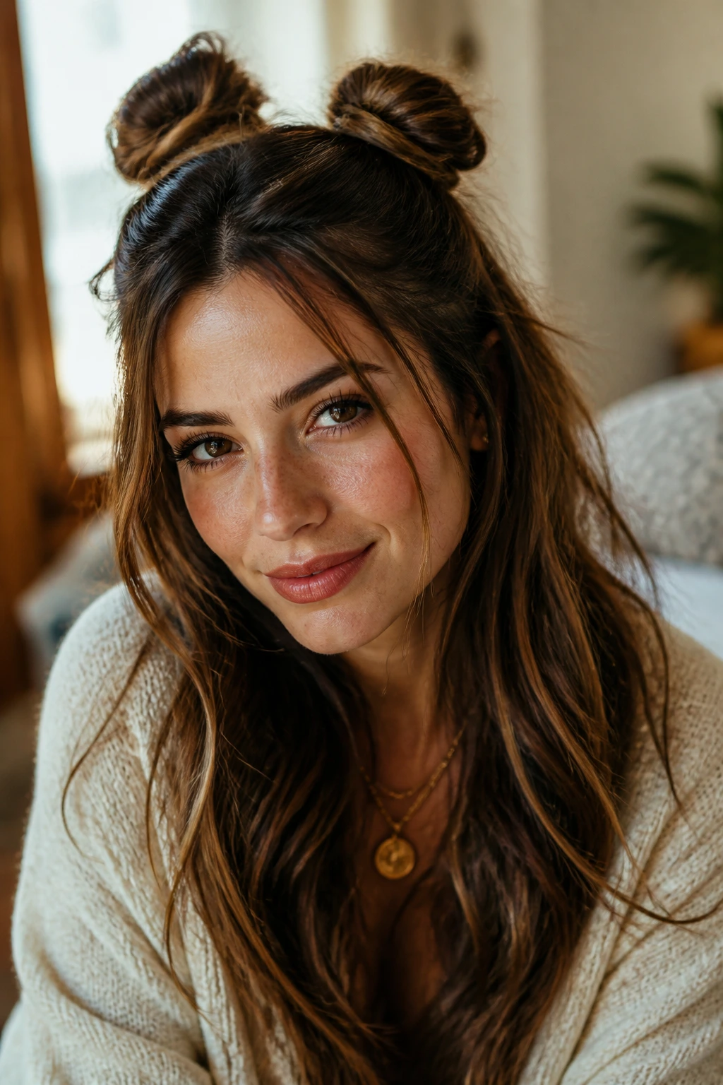Close-up portrait of a real woman with two mini buns half-up in a boho home